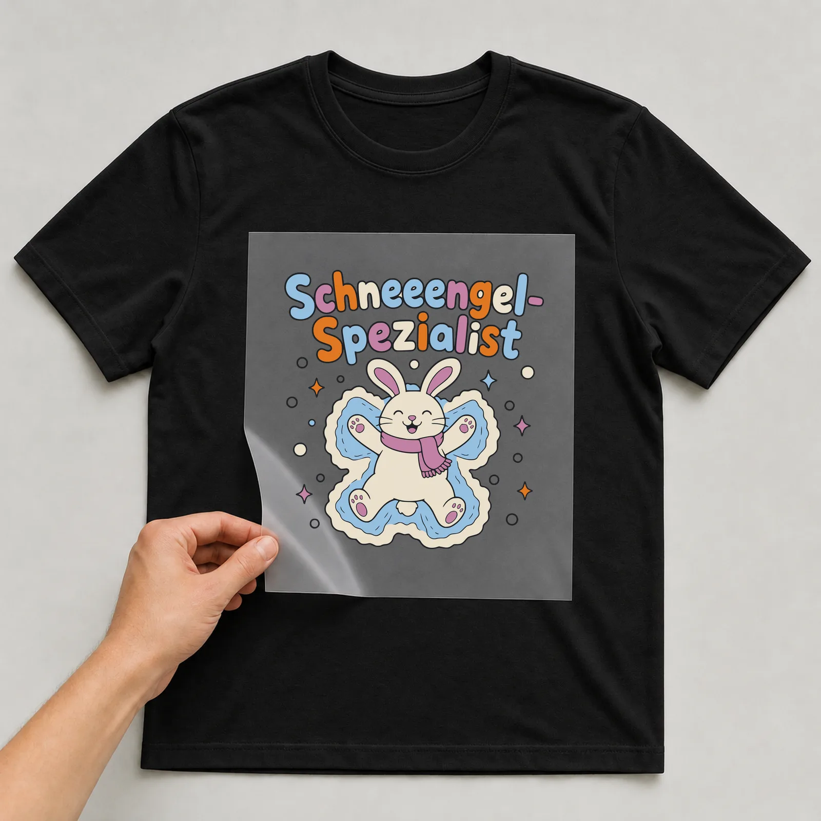 Bügelbild Schneeengel-Spezialist auf schwarzem T-Shirt, Folie wird aufgelegt