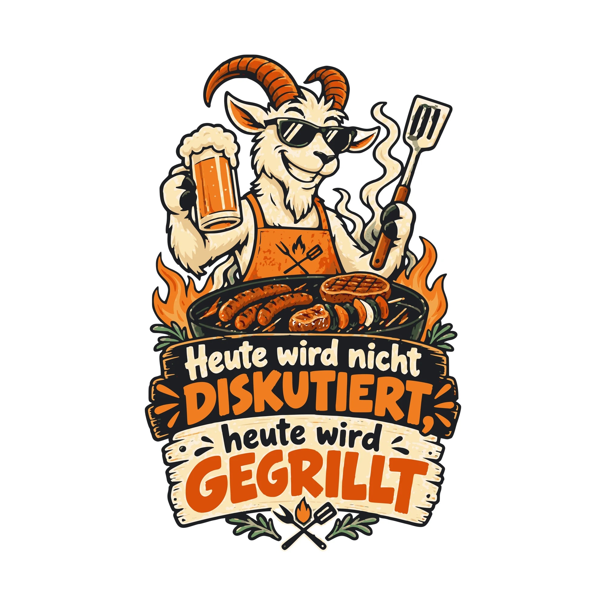 Bügelbild Heute wird nicht diskutiert, heute wird gegrillt als Grafik auf weißem Hintergrund (BB011037)