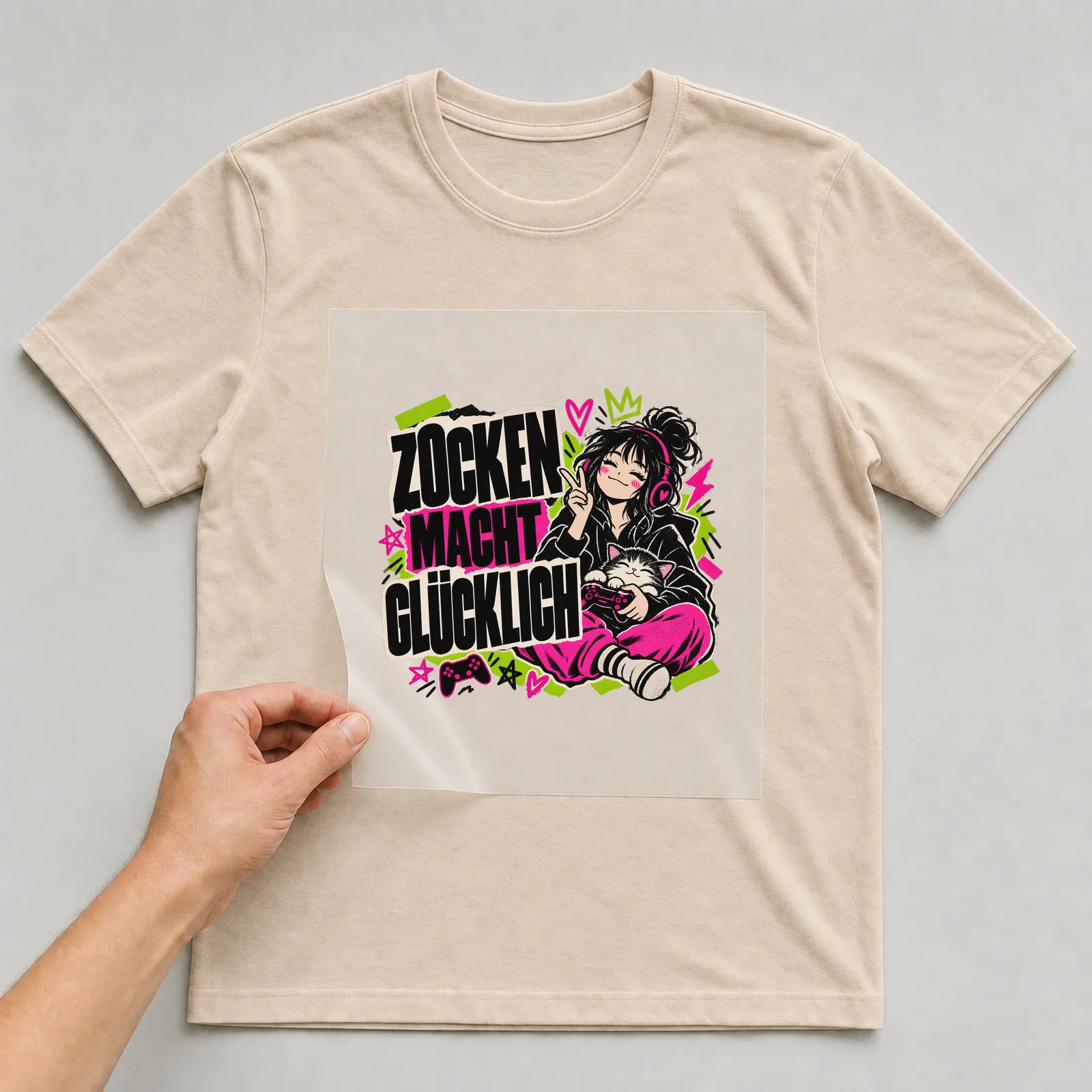 Bügelbild „Zocken macht glücklich“ (Zine-Collage-Stil) auf beigem T-Shirt, Folie wird aufgelegt