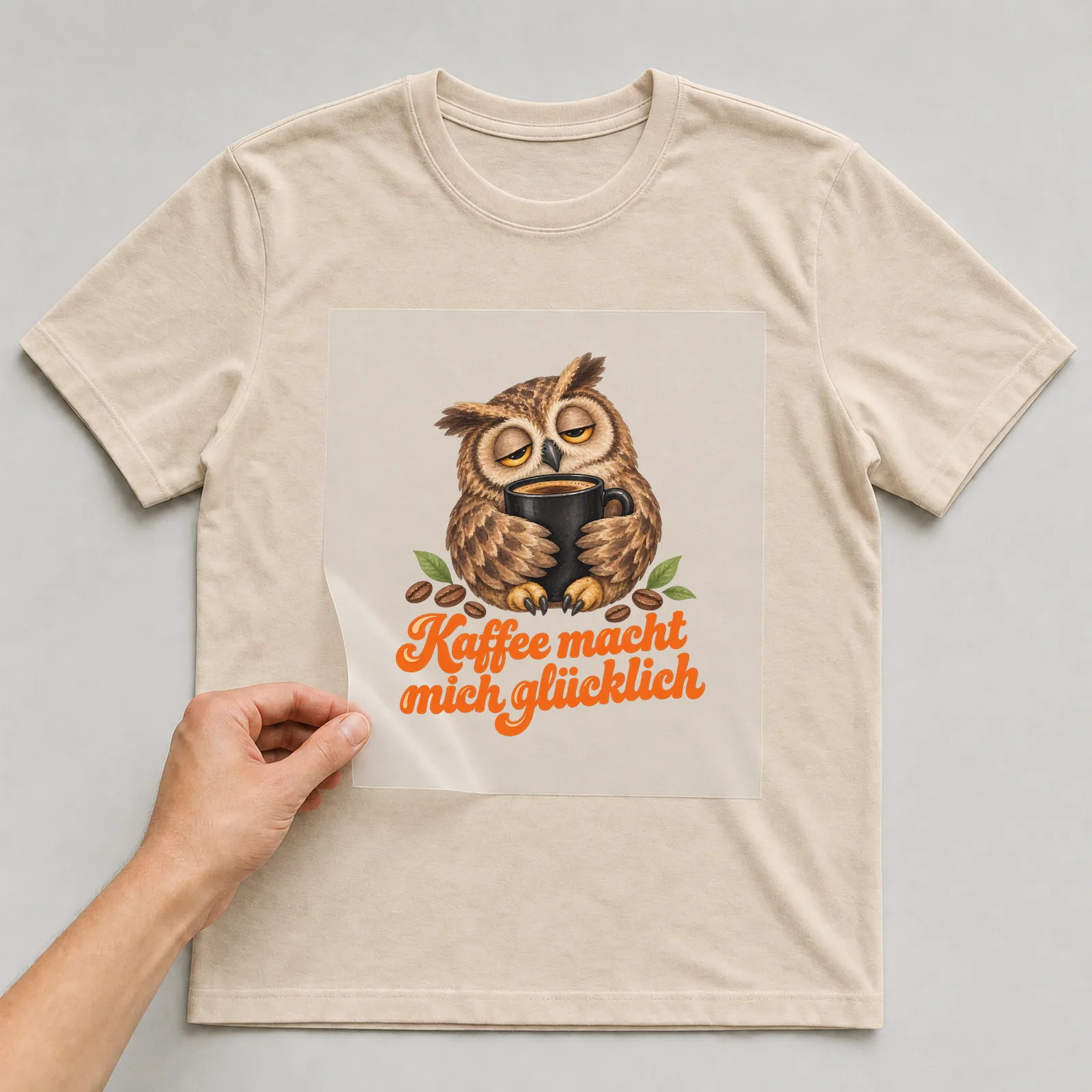 Bügelbild „Kaffee macht mich glücklich“ (deckendem Aquarell) auf beigem T-Shirt, Folie wird aufgelegt