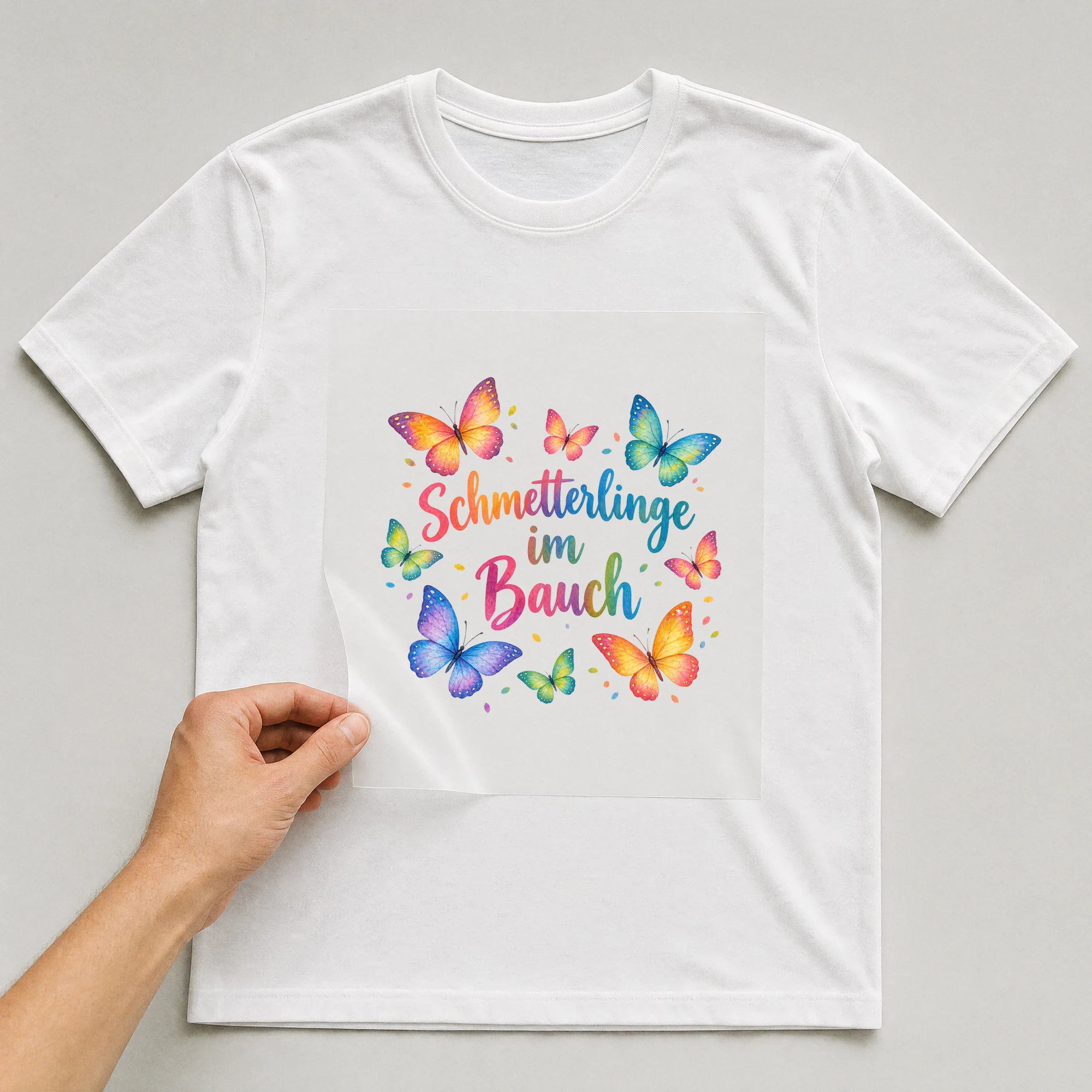 Bügelbild „Schmetterlinge im Bauch“ auf weißem T-Shirt, Folie wird aufgelegt