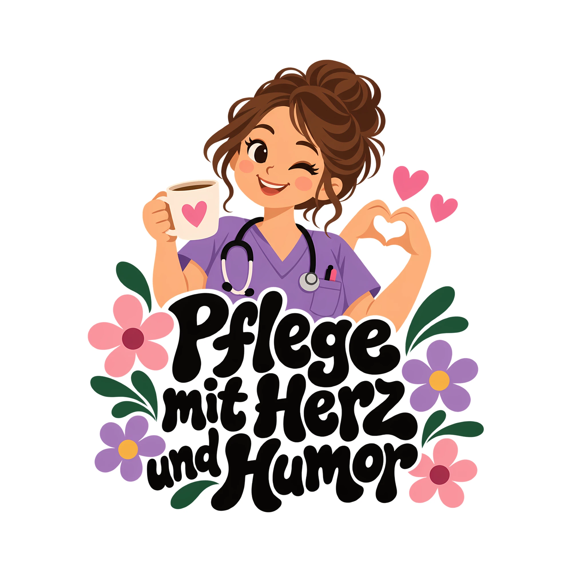 Bügelbild Pflege mit Herz und Humor als Grafik auf weißem Hintergrund (BB011591)