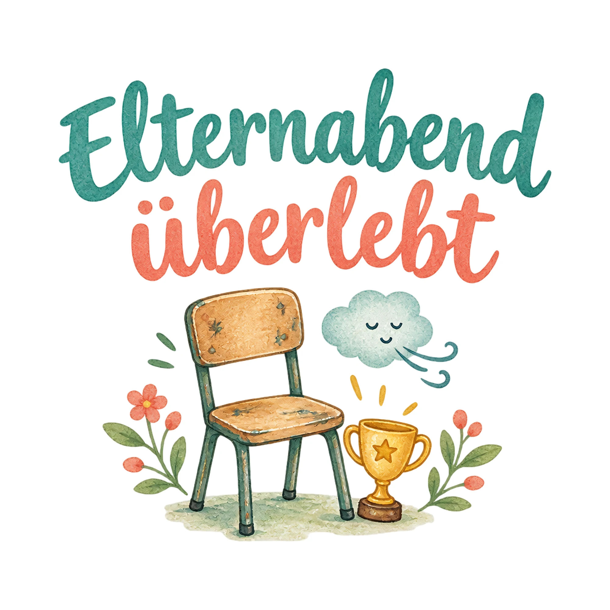 Bügelbild Elternabend überlebt als Grafik auf weißem Hintergrund (BB020333)