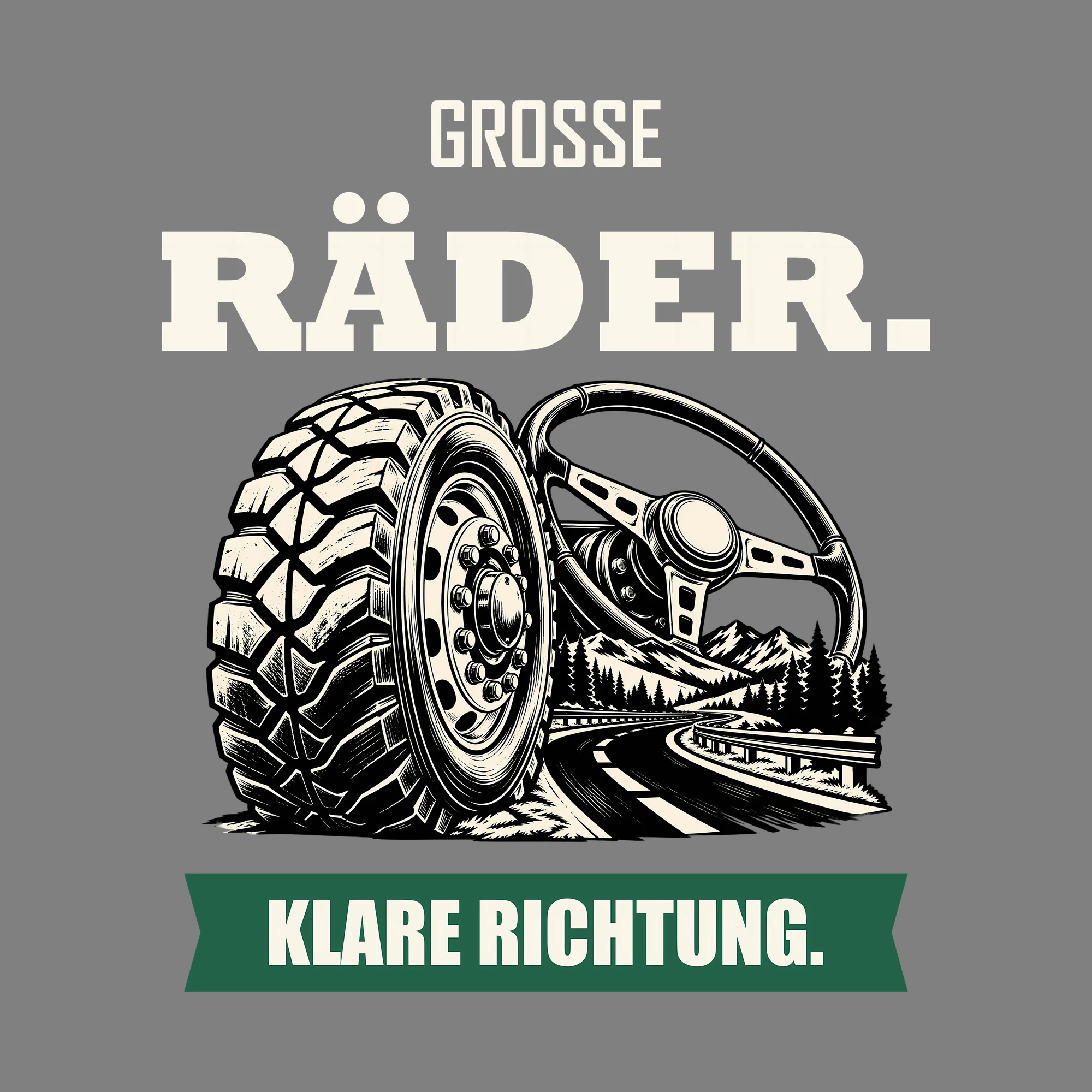 Bügelbild GROSSE RÄDER. KLARE RICHTUNG. als Grafik auf dunklem Hintergrund (BB011494)