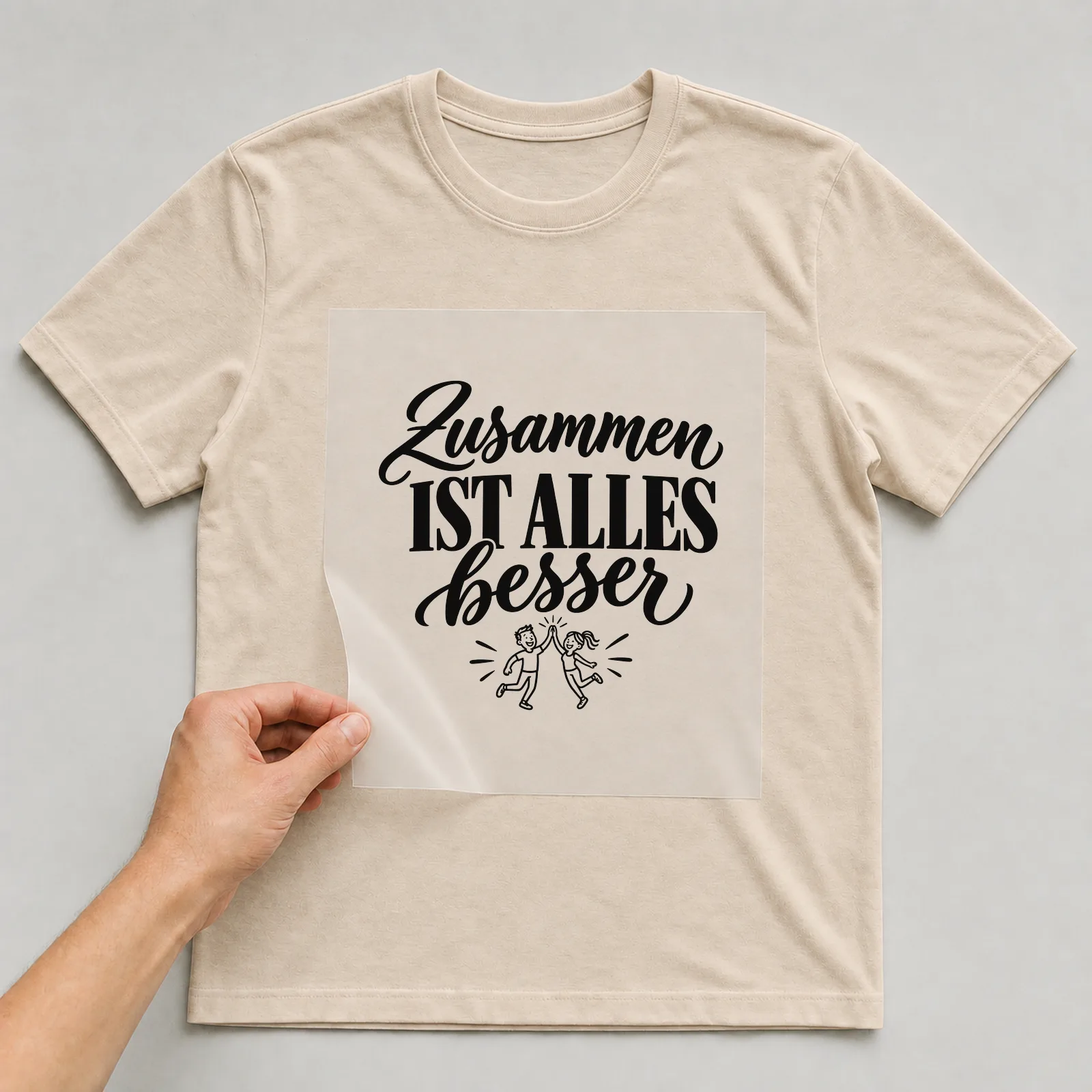 Bügelbild „Zusammen ist alles besser“ auf beigem T-Shirt, Folie wird aufgelegt