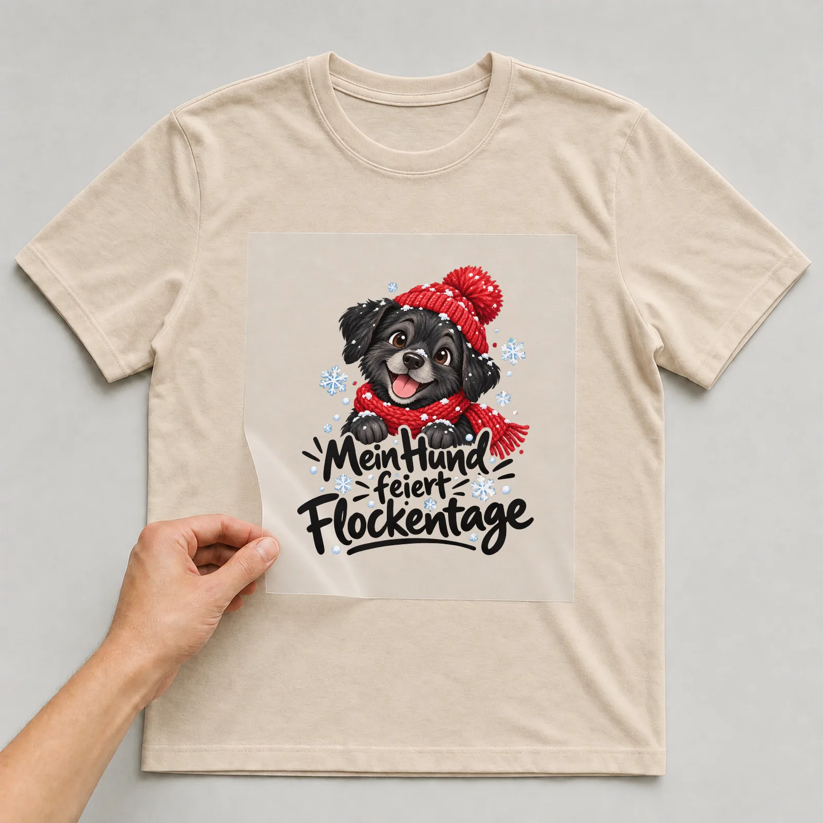 Bügelbild „Mein Hund feiert Flockentage“ auf beigem T-Shirt, Folie wird aufgelegt
