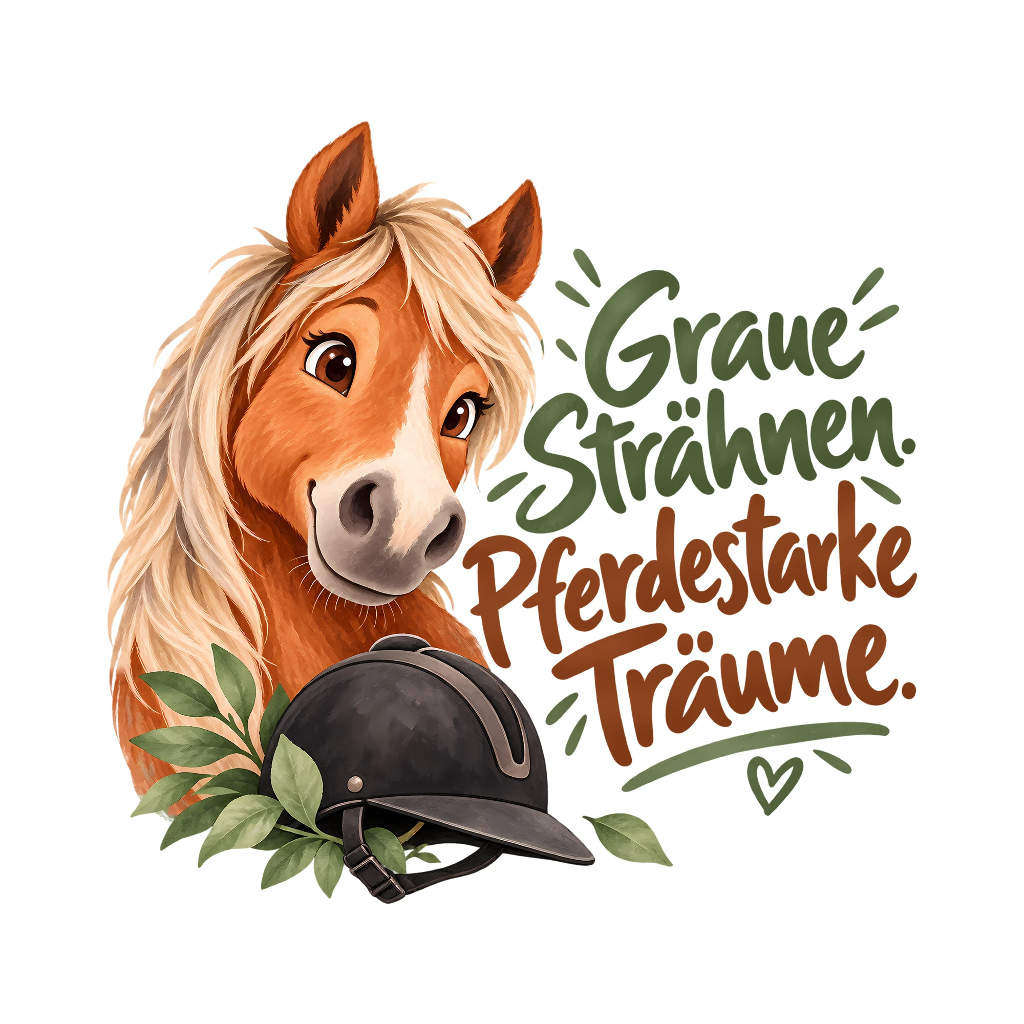 Bügelbild Graue Strähnen. Pferdestarke Träume. als Grafik auf weißem Hintergrund (BB013068)