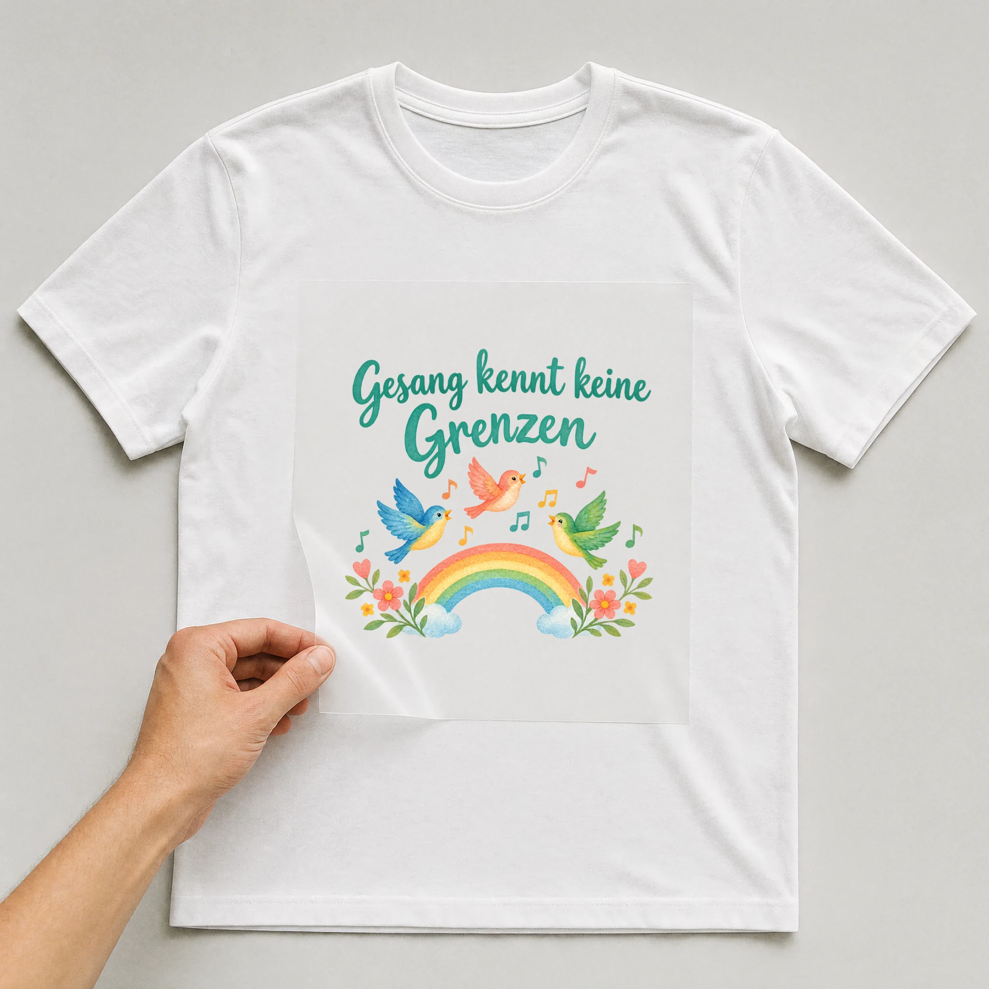 Bügelbild „Gesang kennt keine Grenzen“ auf weißem T-Shirt, Folie wird aufgelegt
