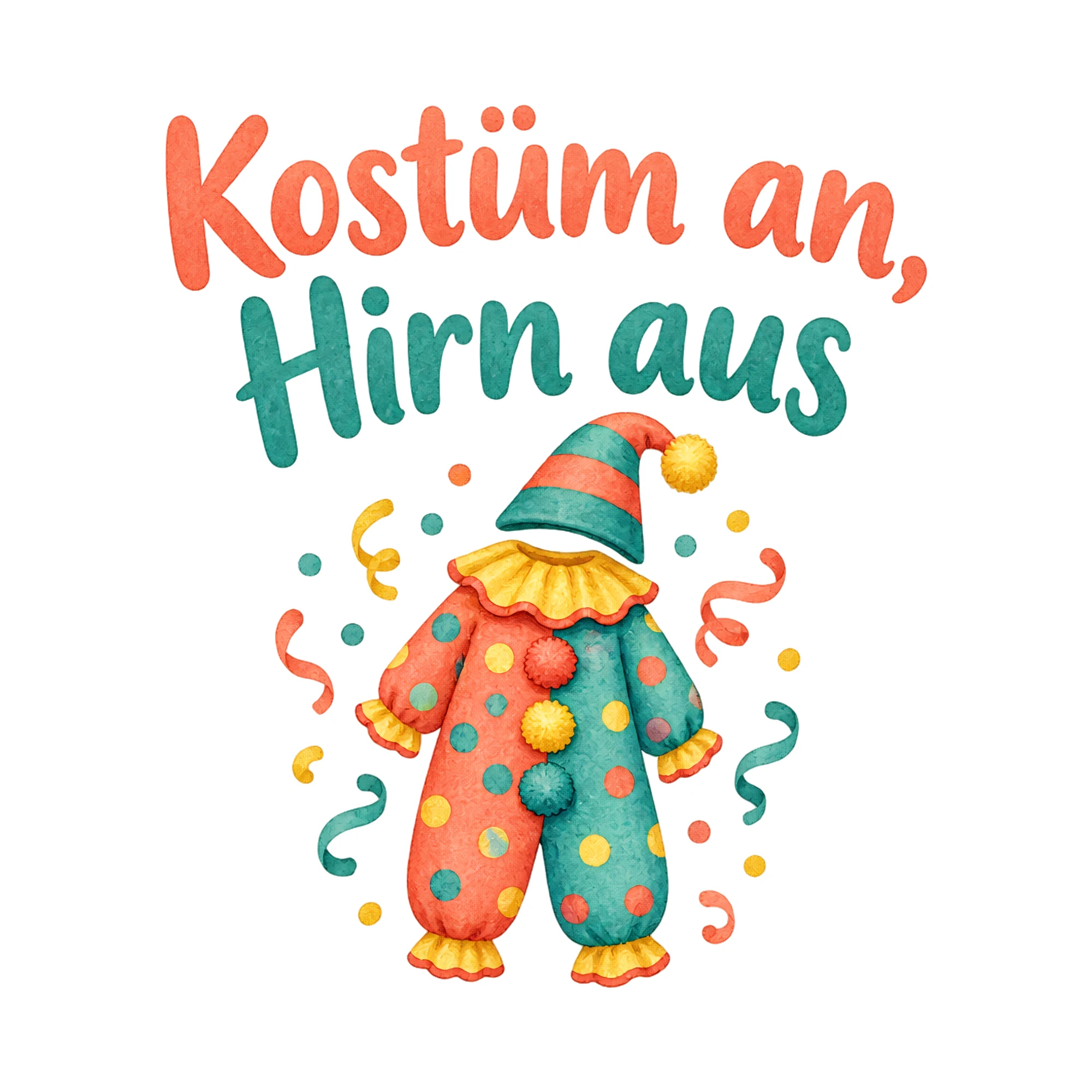 Bügelbild Kostüm an, Hirn aus, Vereine Shirt Spruch als Grafik auf weißem Hintergrund (BB020448)