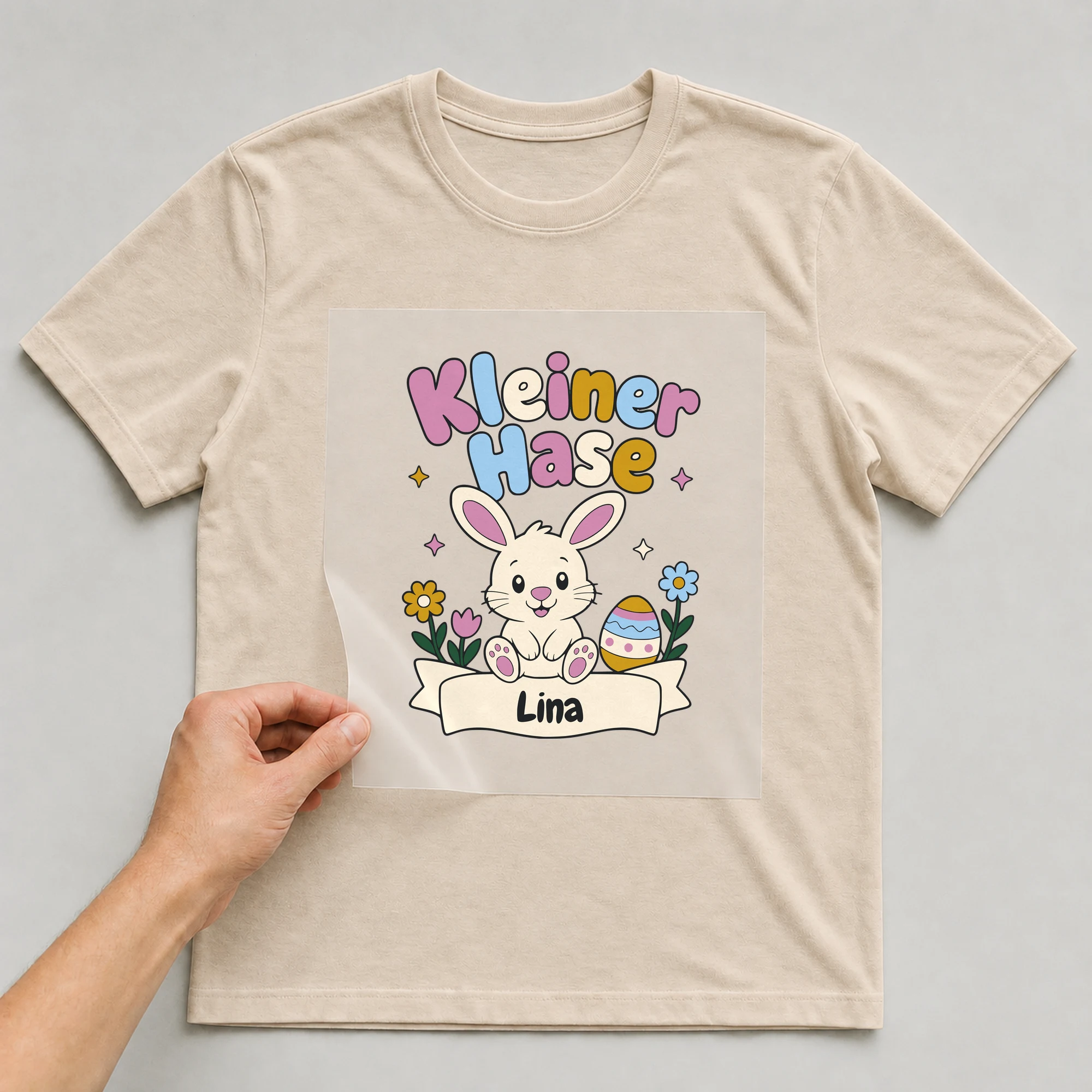 Bügelbild Kleiner Hase mit Name auf beigem T-Shirt, Folie wird aufgelegt