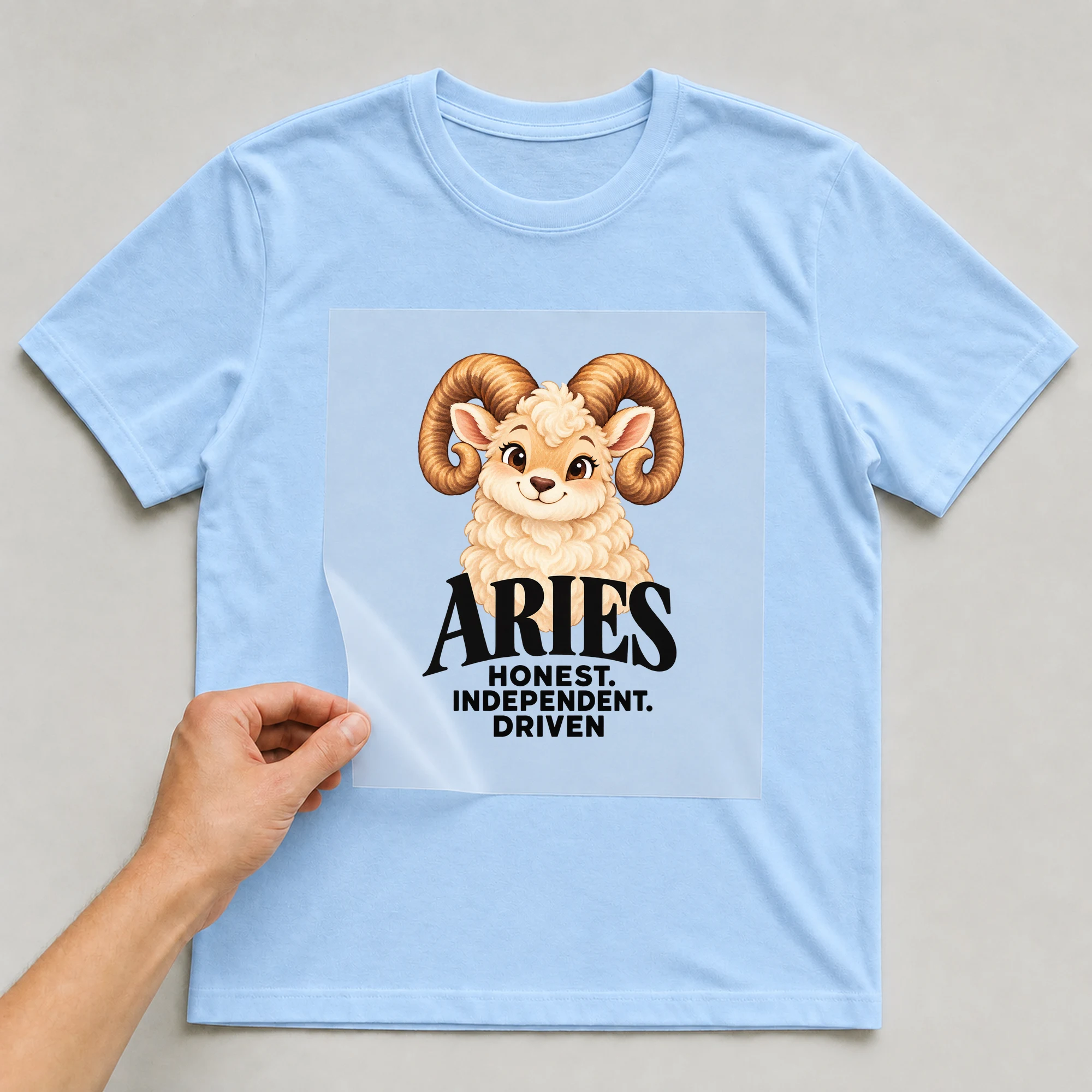 Bügelbild „Aries Honest. Independent. Driven“ auf babyblauem T-Shirt, Folie wird aufgelegt