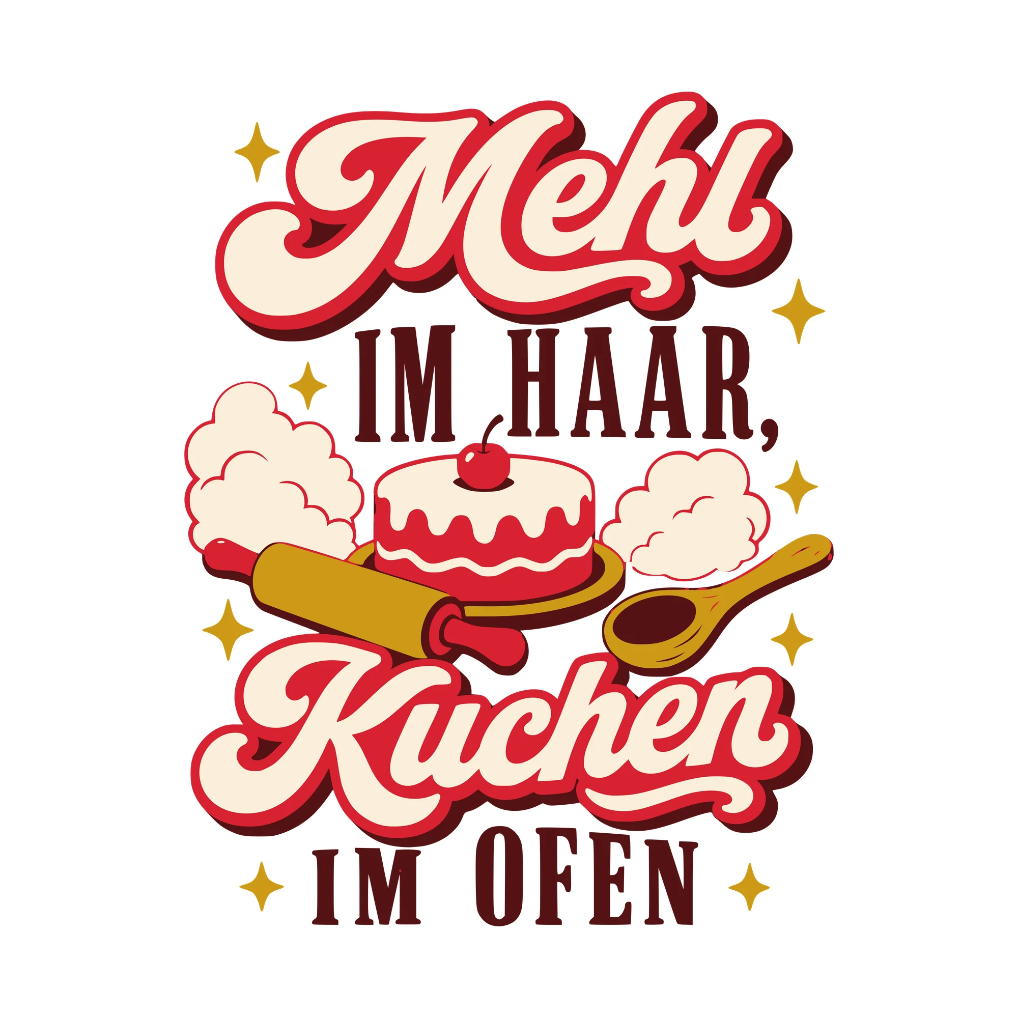 Bügelbild Mehl im Haar, Kuchen im Ofen als Grafik auf weißem Hintergrund (BB010456)