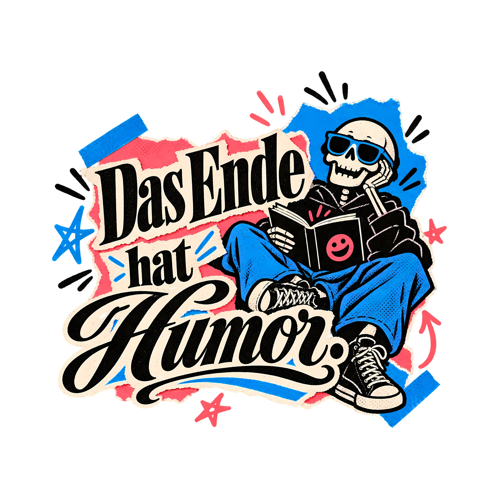 Bügelbild Das Ende hat Humor. als Grafik auf weißem Hintergrund (BB014168)