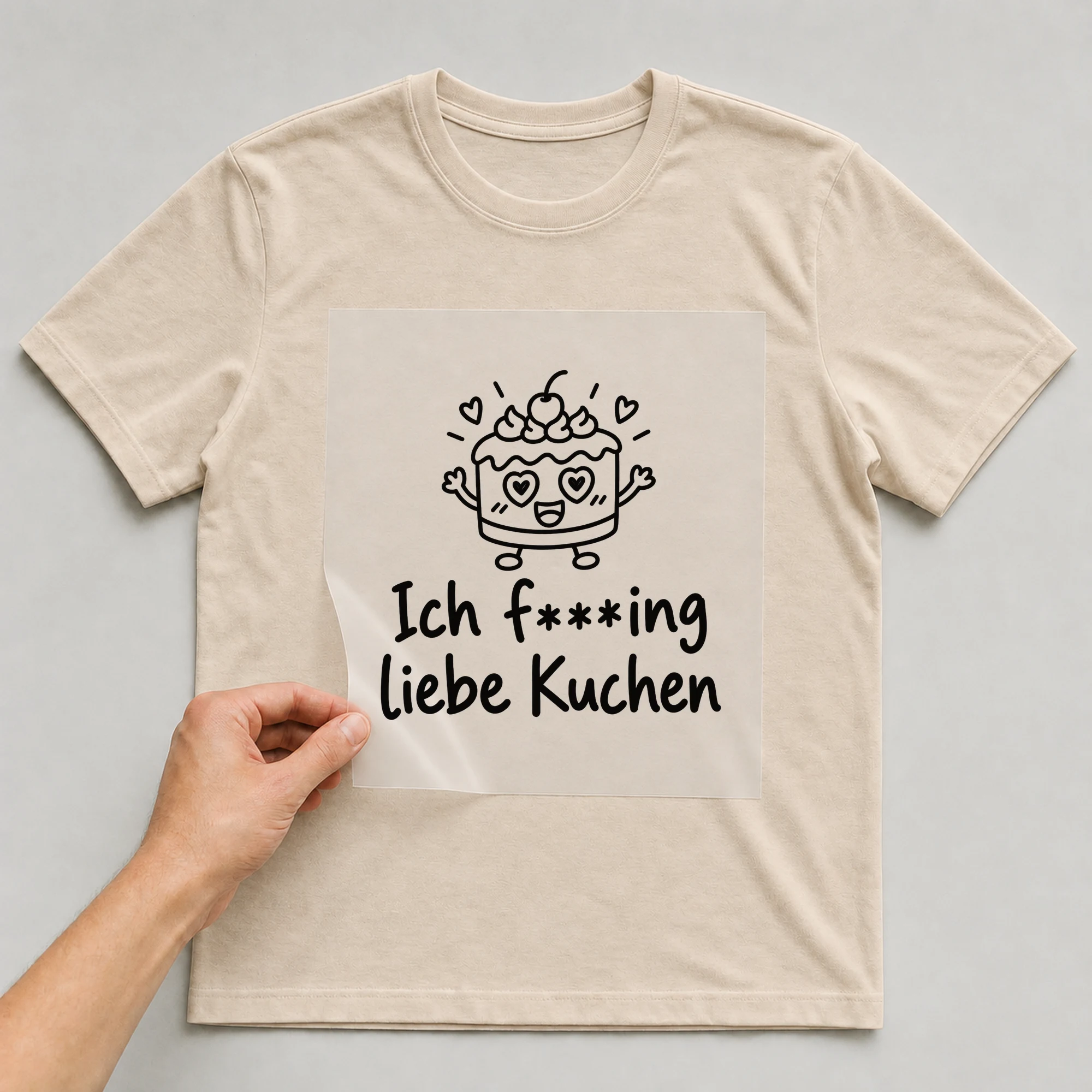 Bügelbild „Ich f***ing liebe Kuchen“ auf beigem T-Shirt, Folie wird aufgelegt