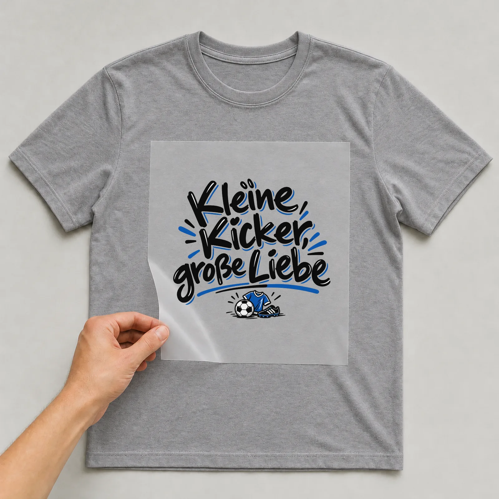 Bügelbild „Kleine Kicker große Liebe“ auf grauem T-Shirt, Folie wird aufgelegt