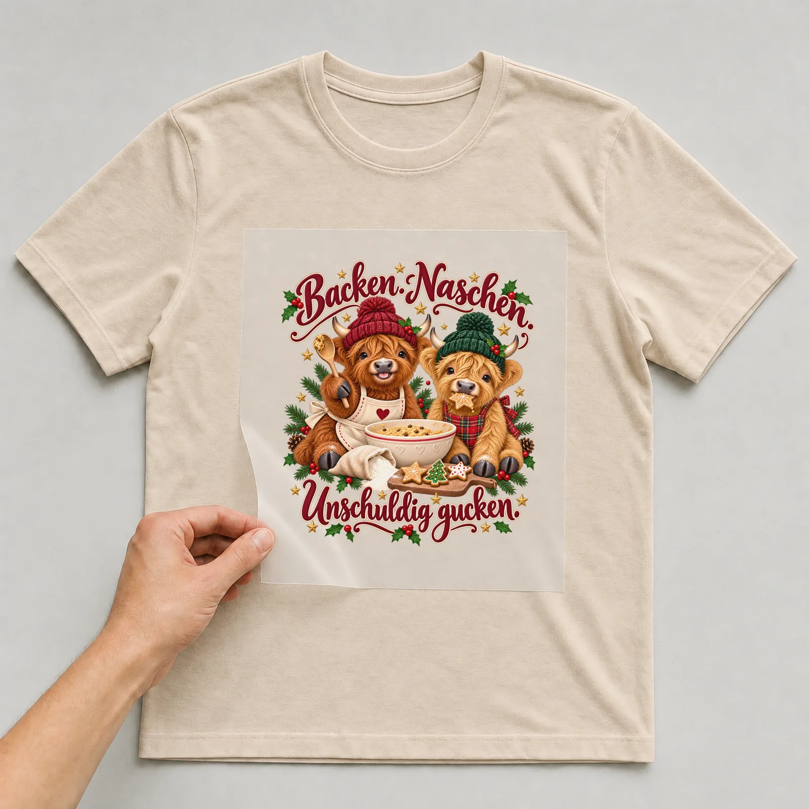 Bügelbild Backen. Naschen. Unschuldig gucken. auf beigem T-Shirt, Folie wird aufgelegt