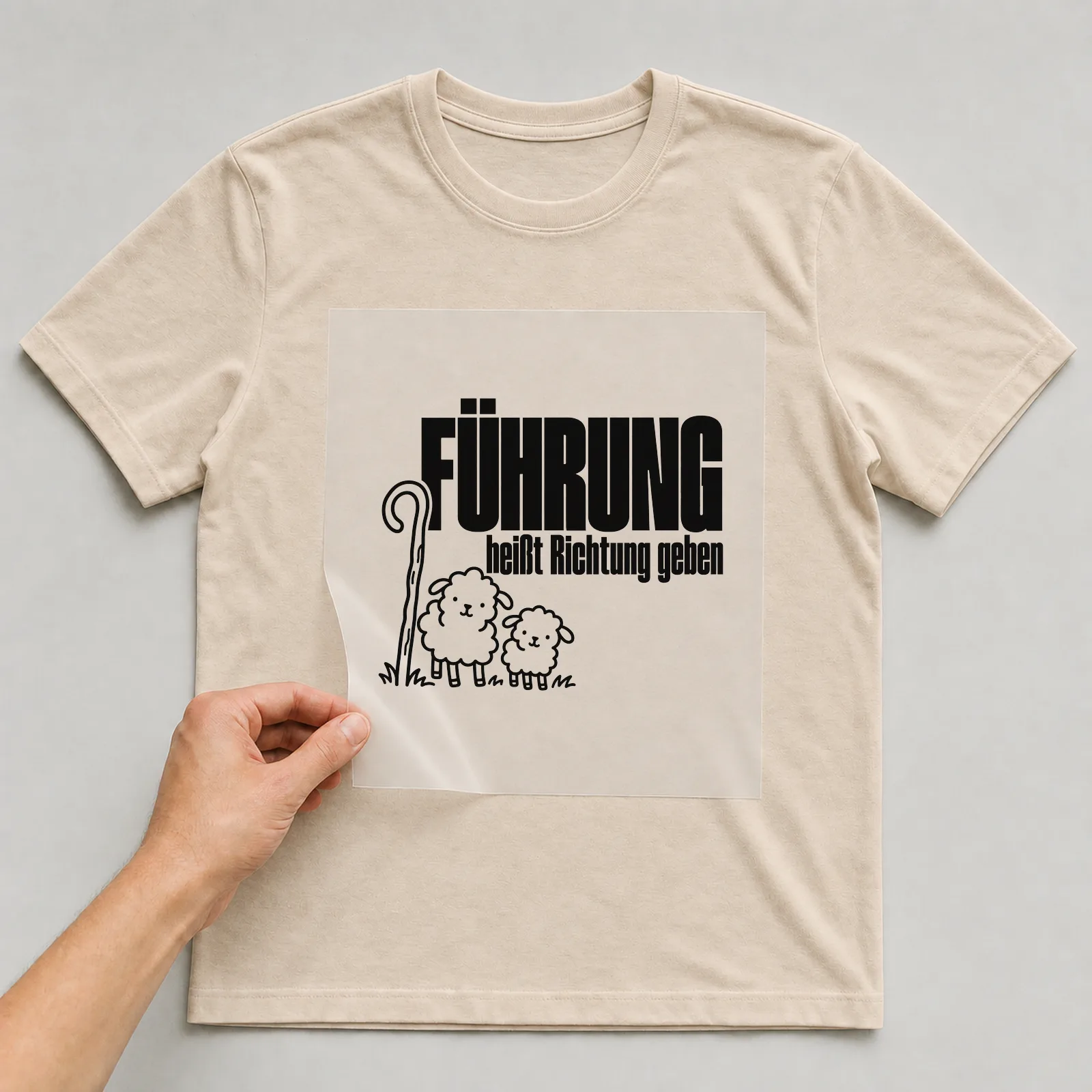 Bügelbild „Führung heißt Richtung geben“ auf beigem T-Shirt, Folie wird aufgelegt