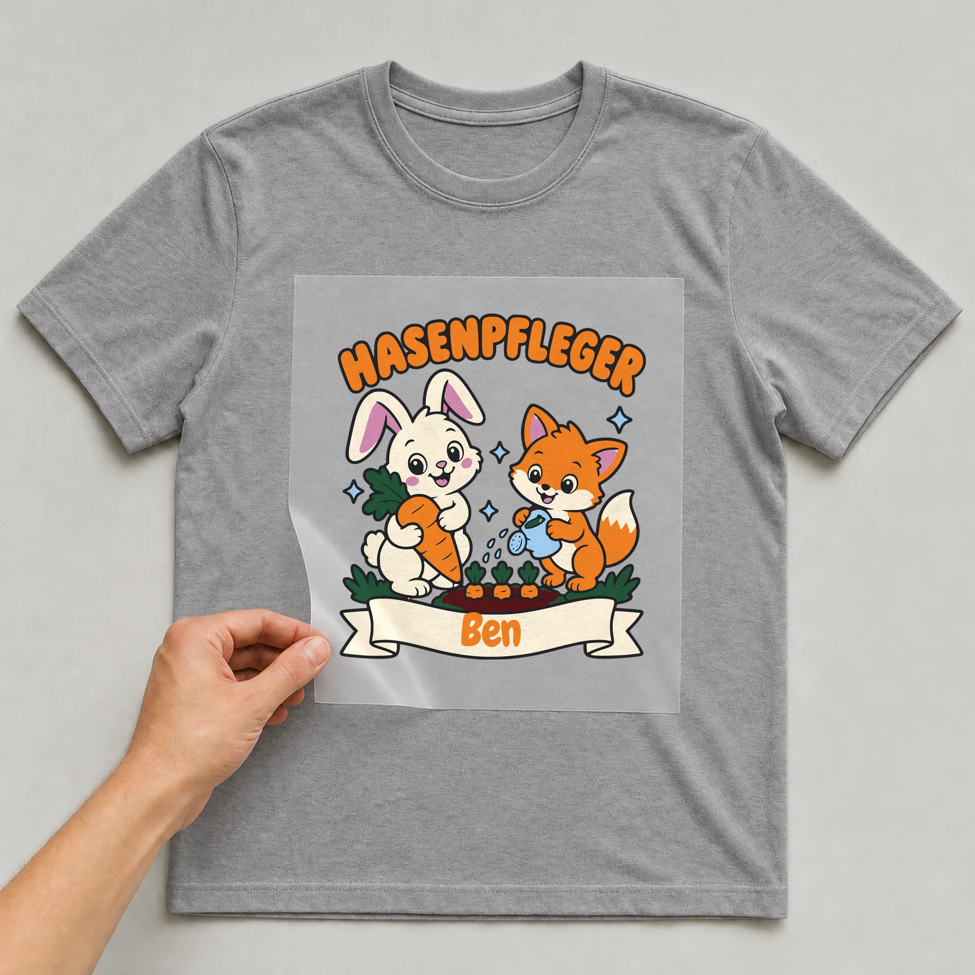 Bügelbild Hasenpfleger mit Name auf grauem T-Shirt, Folie wird aufgelegt
