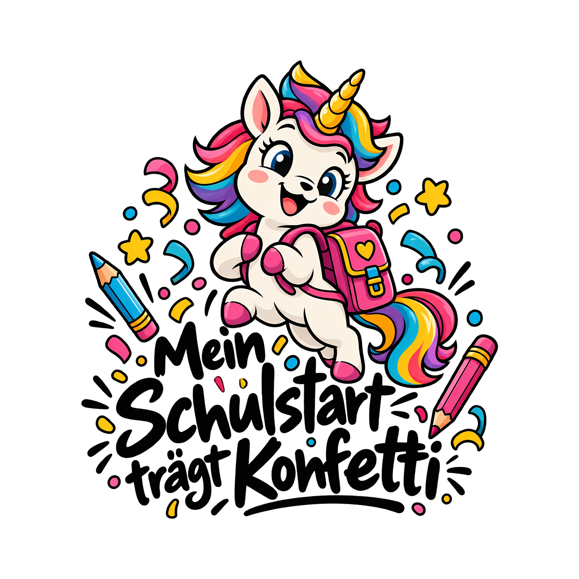 Bügelbild Mein Schulstart trägt Konfetti als Grafik auf weißem Hintergrund (BB011473)