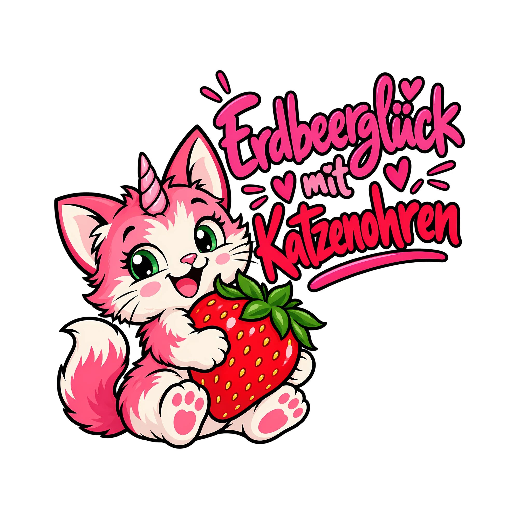 Bügelbild Erdbeerglück mit Katzenohren als Grafik auf weißem Hintergrund (BB013050)