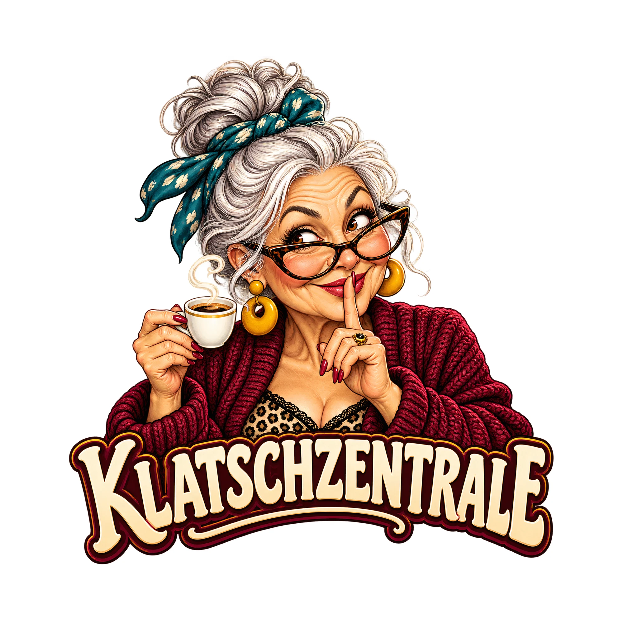 Bügelbild „Klatschzentrale“, Lustiger Shirt Spruch als Grafik auf weißem Hintergrund (BB019506)