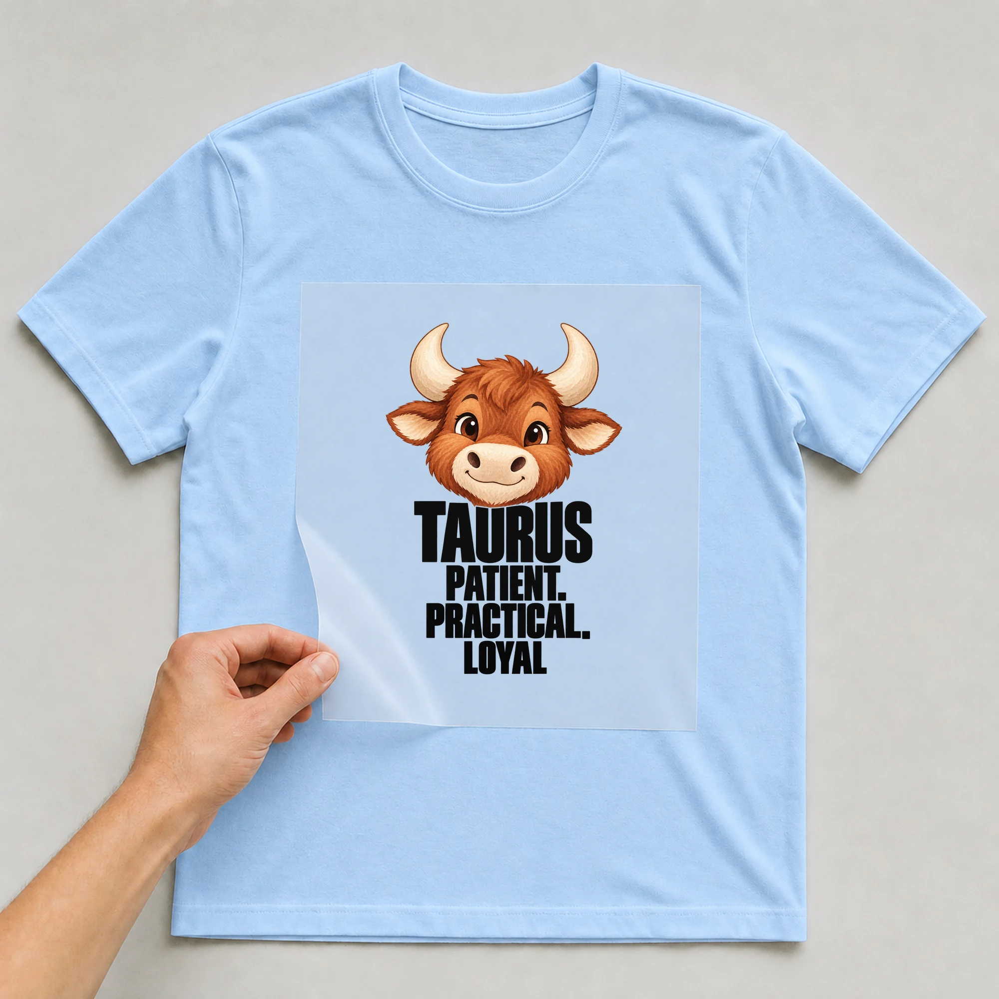 Bügelbild „Taurus Patient. Practical. Loyal“ auf babyblauem T-Shirt, Folie wird aufgelegt