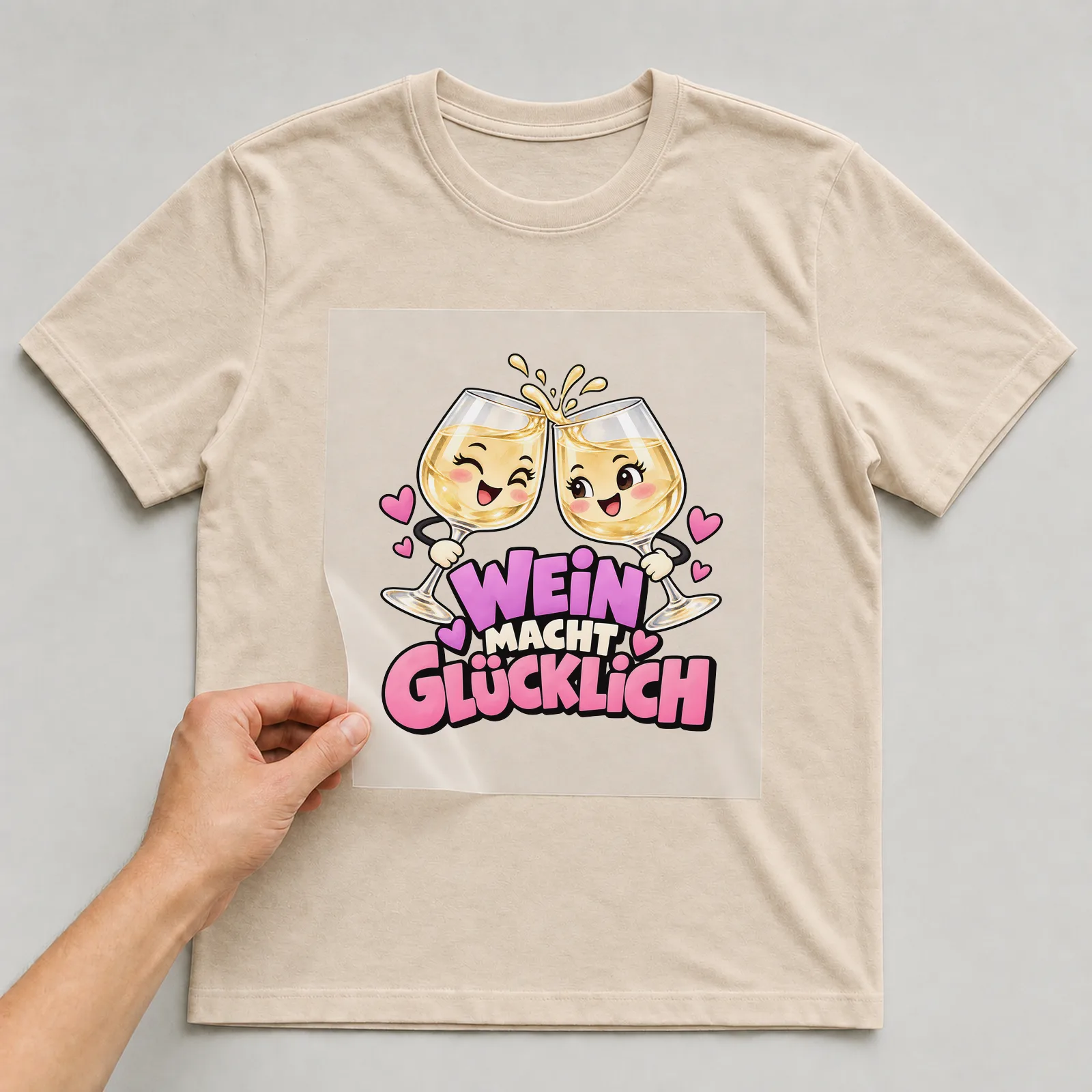 Bügelbild „Wein macht glücklich“ (deckendem Aquarell) auf beigem T-Shirt, Folie wird aufgelegt