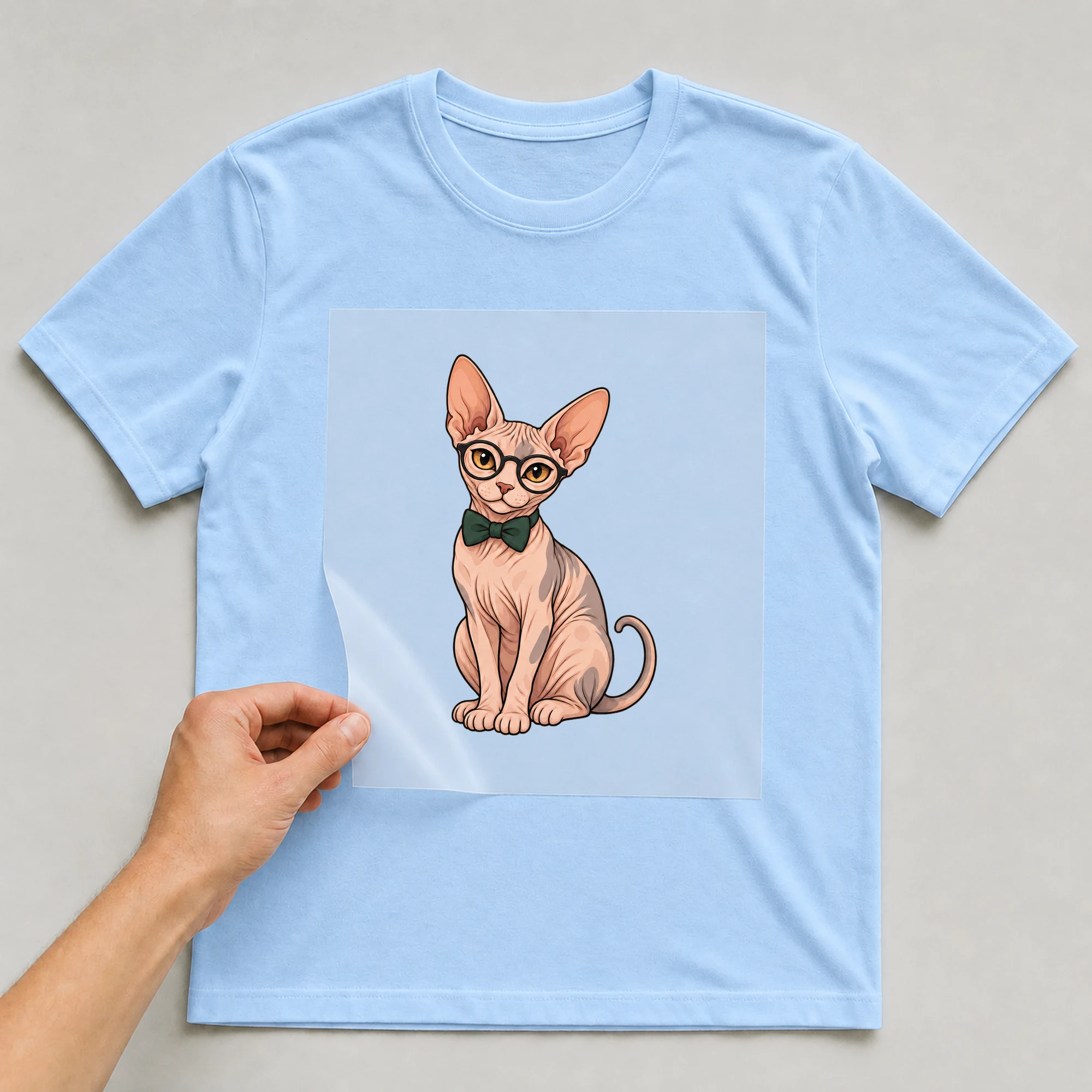 Bügelbild „Hipster Nacktkatze“ auf babyblauem T-Shirt, Folie wird aufgelegt