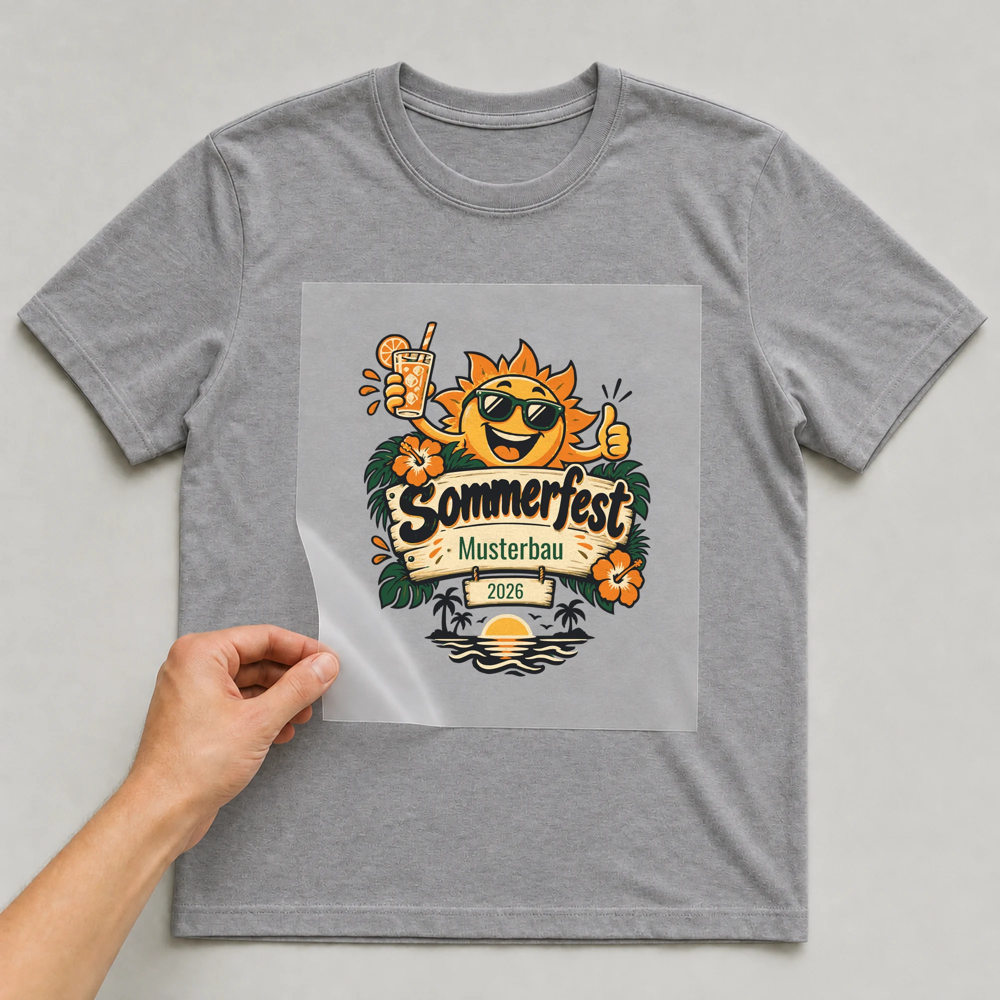 Bügelbild Sommerfest mit Firma und Jahr auf grauem T-Shirt, Folie wird aufgelegt