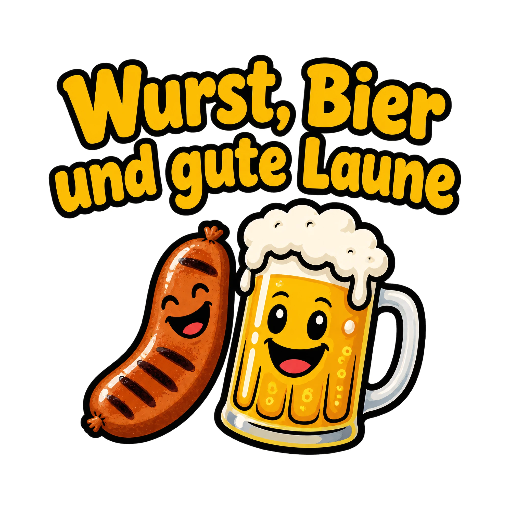 Bügelbild Wurst, Bier und gute Laune als Grafik auf weißem Hintergrund (BB019635)