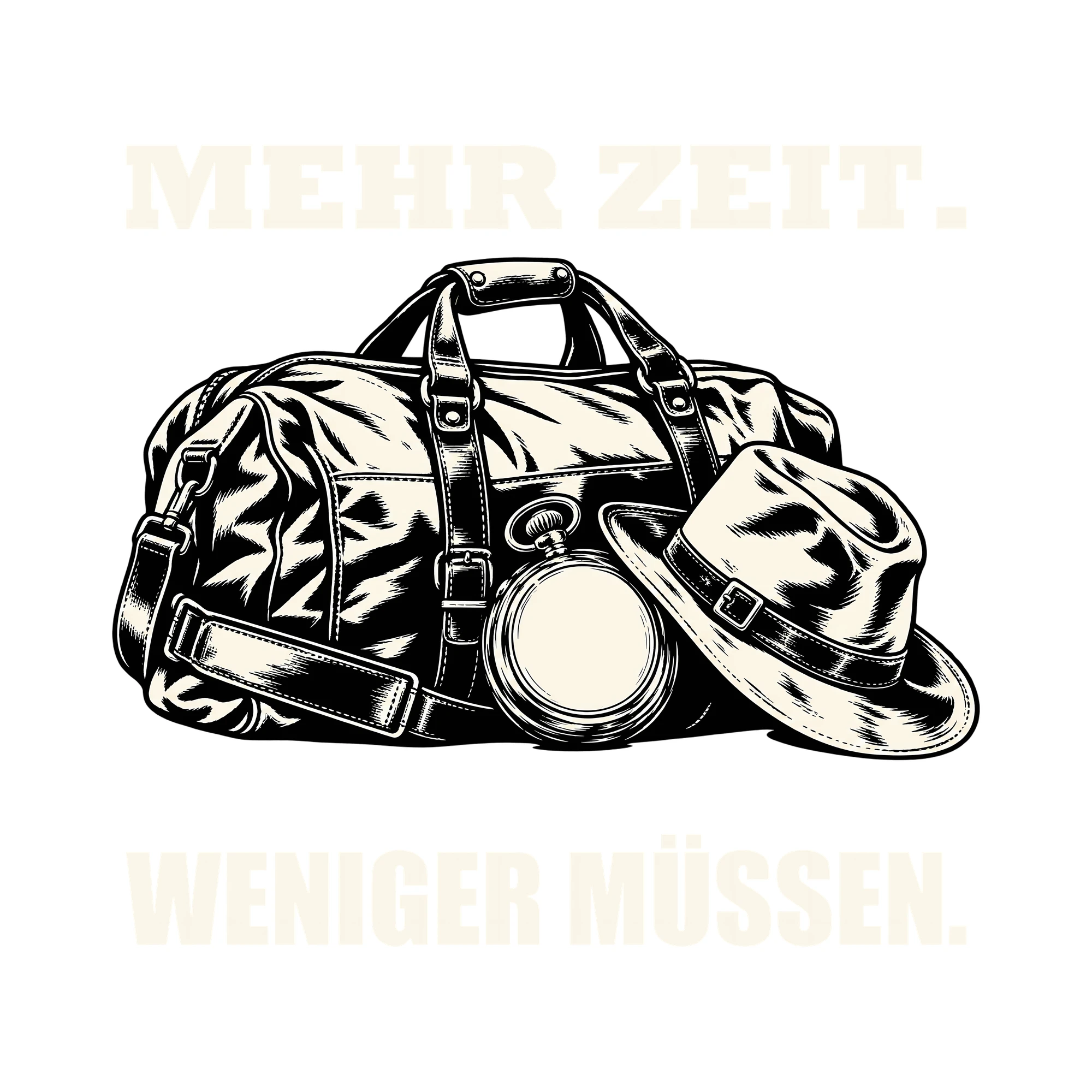 Bügelbild MEHR ZEIT. WENIGER MÜSSEN. als Grafik auf weißem Hintergrund (BB011535)