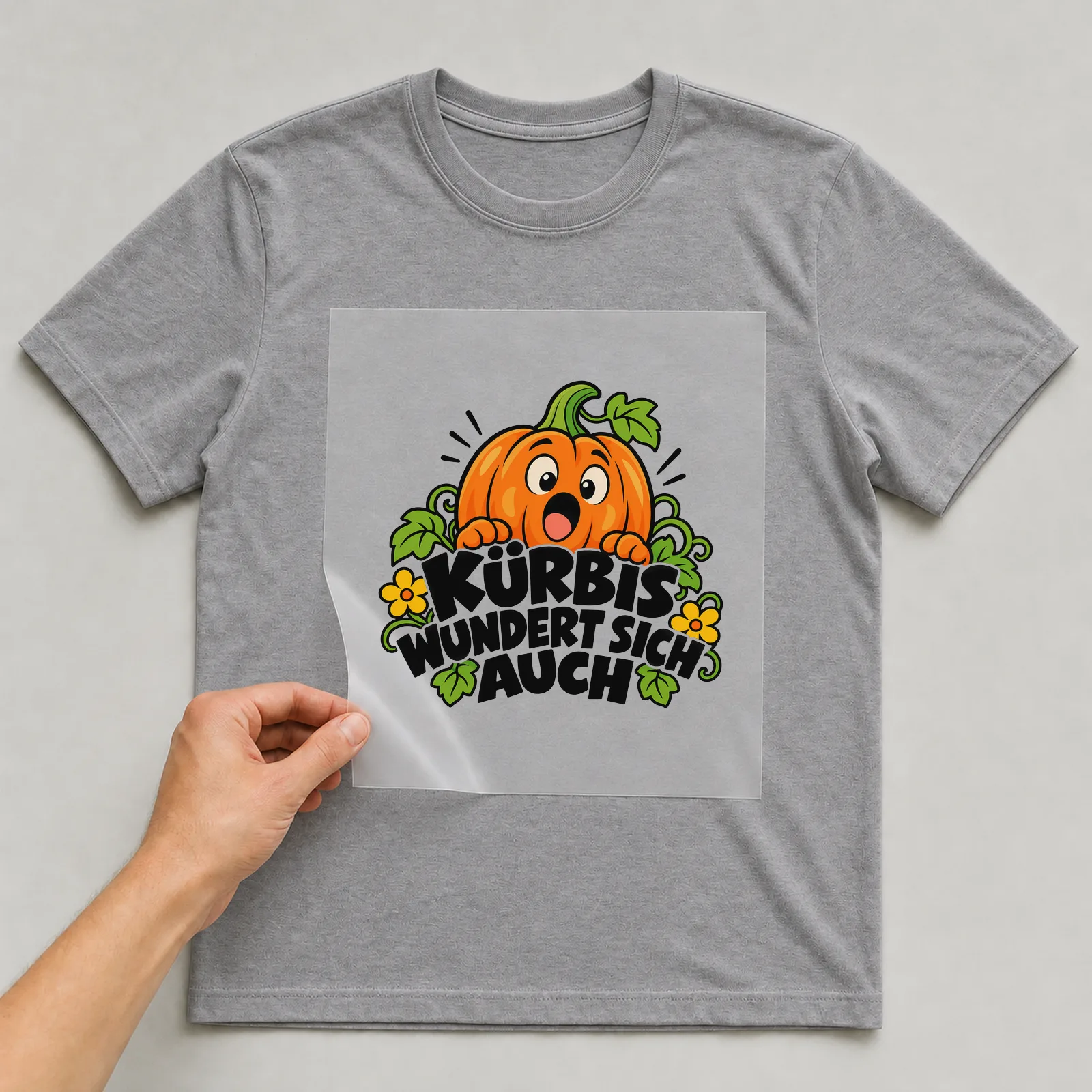 Bügelbild „Kürbis wundert sich auch“ auf grauem T-Shirt, Folie wird aufgelegt