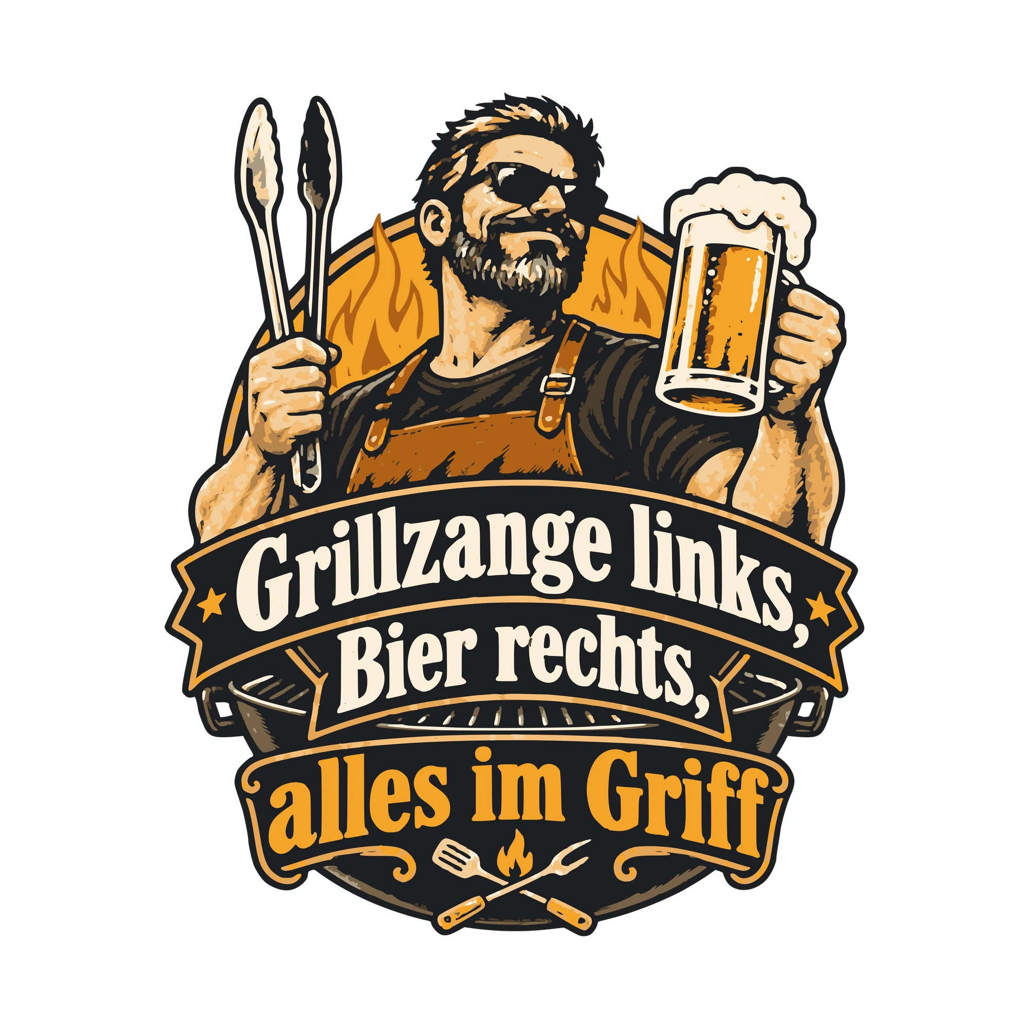 Bügelbild Grillzange links, Bier rechts, alles im Griff als Grafik auf weißem Hintergrund (BB011085)