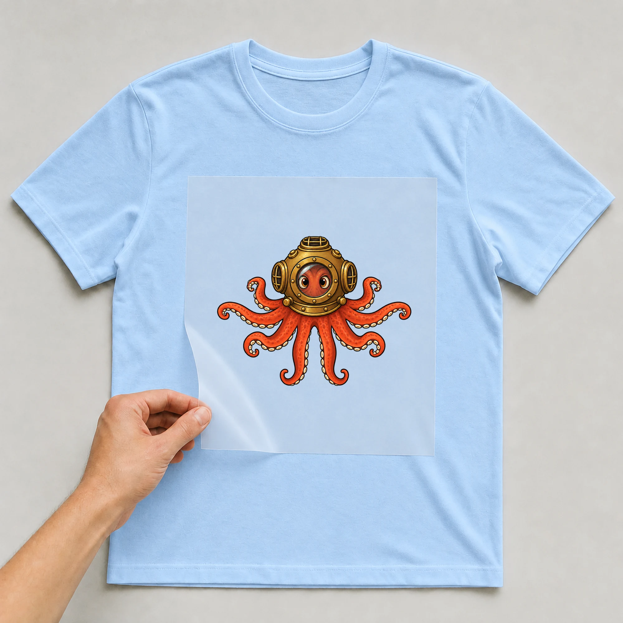 Bügelbild „Oktopus mit Taucherhelm“ auf babyblauem T-Shirt, Folie wird aufgelegt