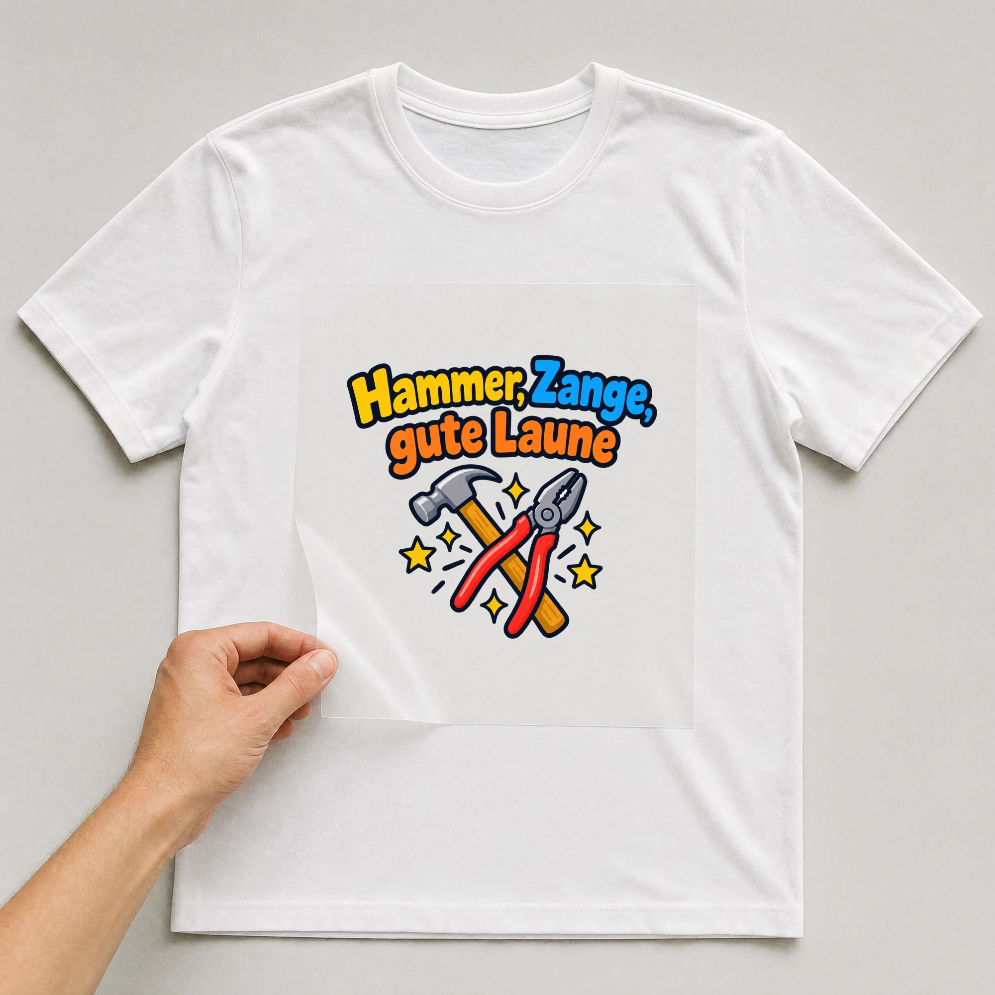 Bügelbild „Hammer, Zange, gute Laune“ auf weißem T-Shirt, Folie wird aufgelegt