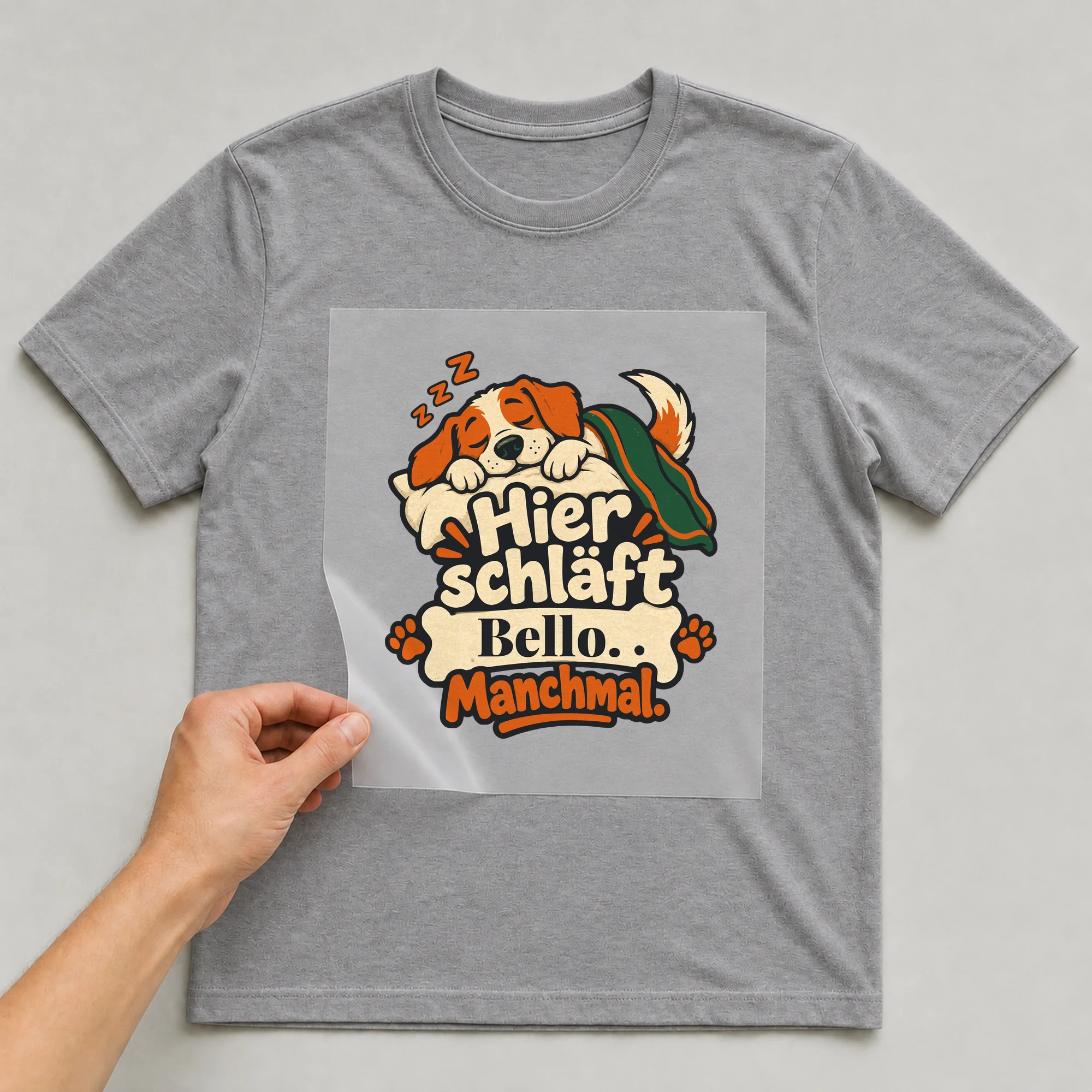 Bügelbild Hier schläft. Manchmal. mit Name auf grauem T-Shirt, Folie wird aufgelegt