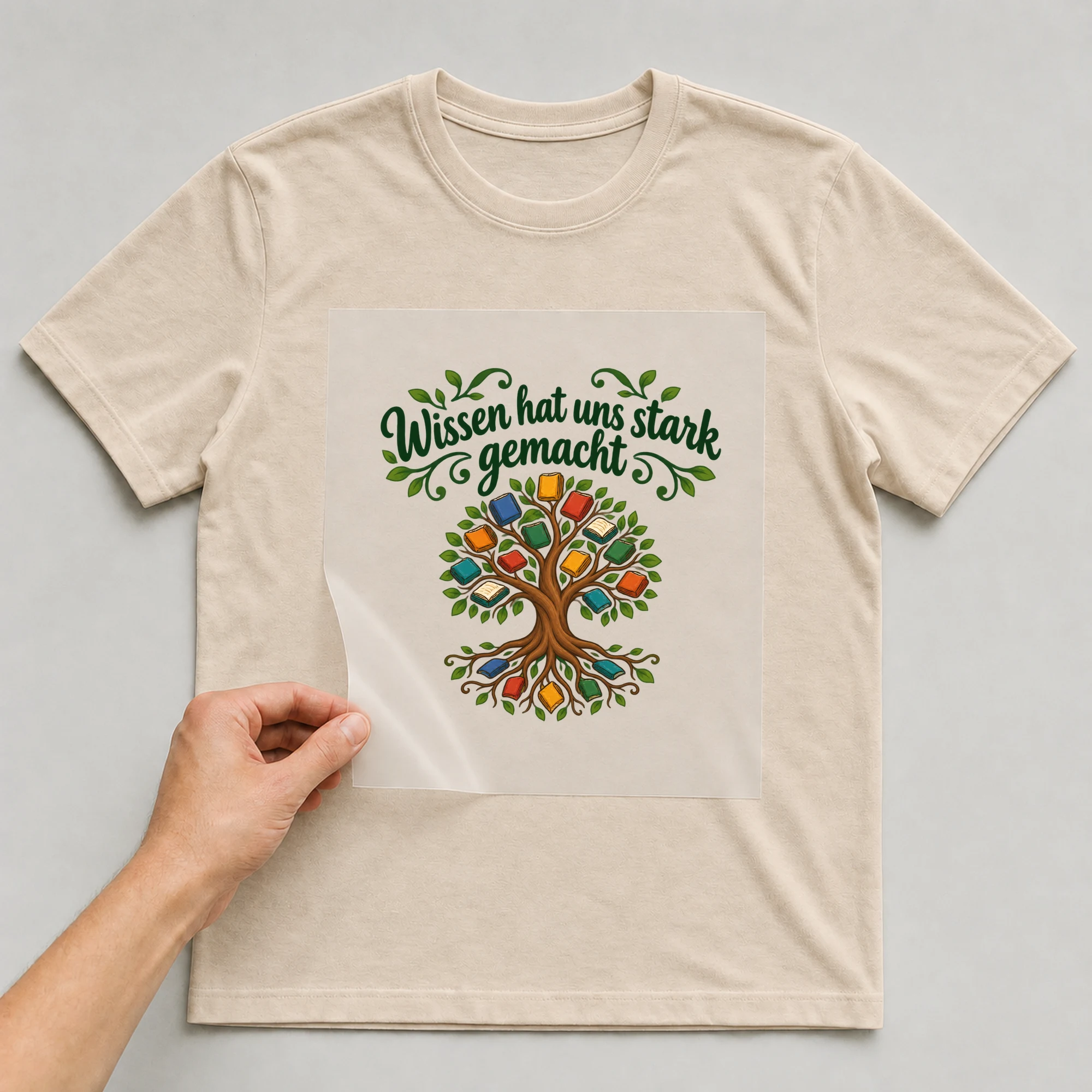 Bügelbild „Wissen hat uns stark gemacht“ auf beigem T-Shirt, Folie wird aufgelegt