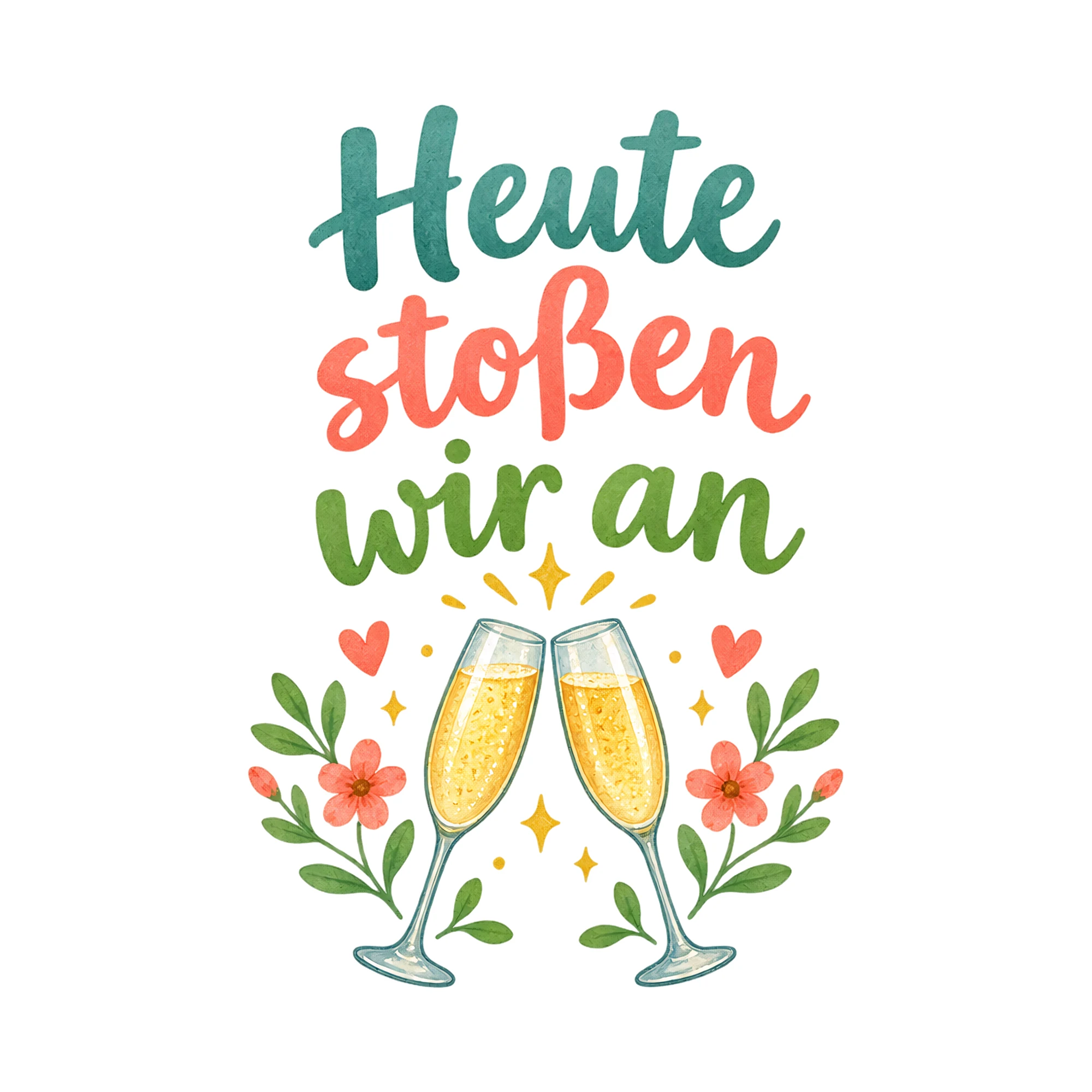Bügelbild Heute stoßen wir an als Grafik auf weißem Hintergrund (BB020574)