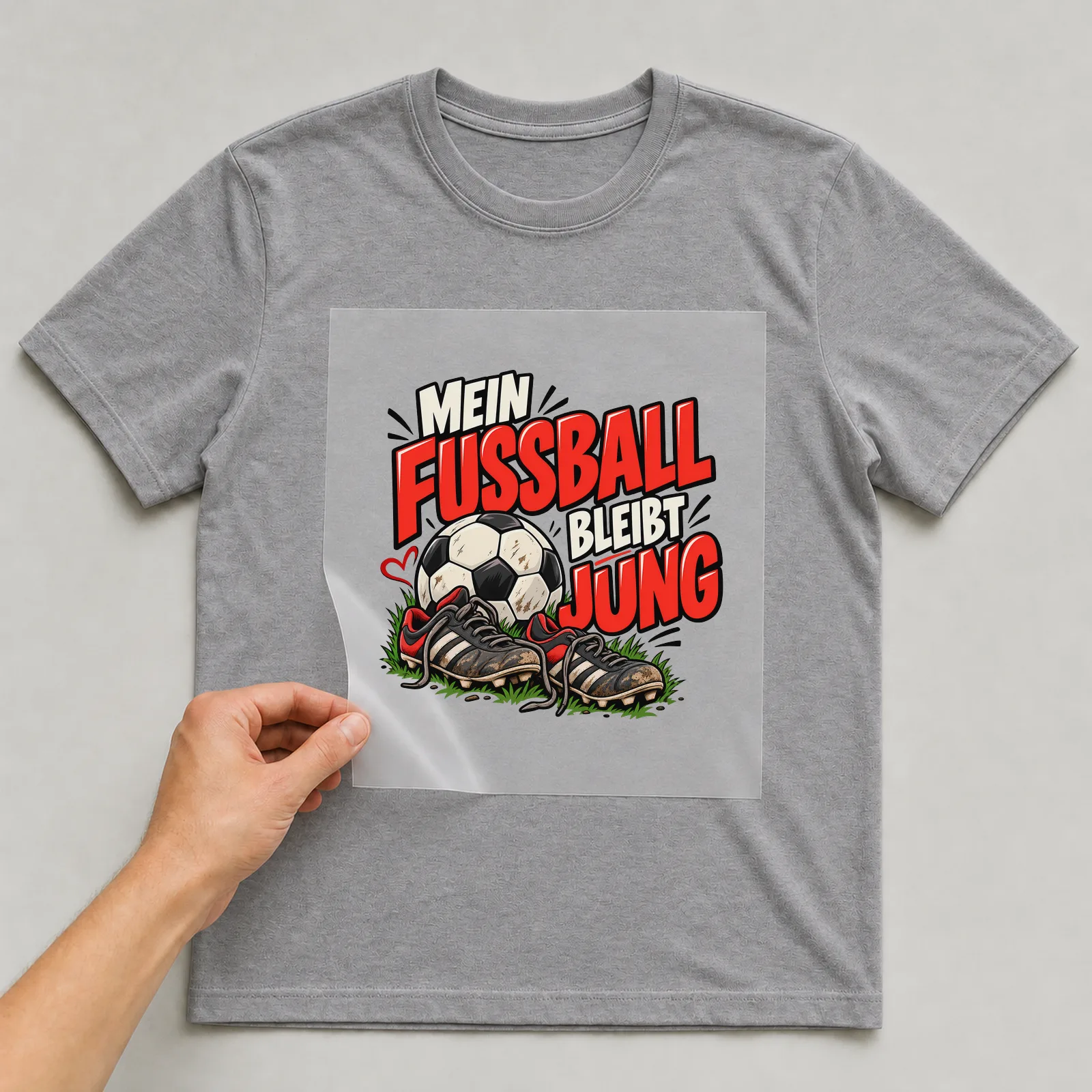 Bügelbild „Mein Fußball bleibt jung“ auf grauem T-Shirt, Folie wird aufgelegt