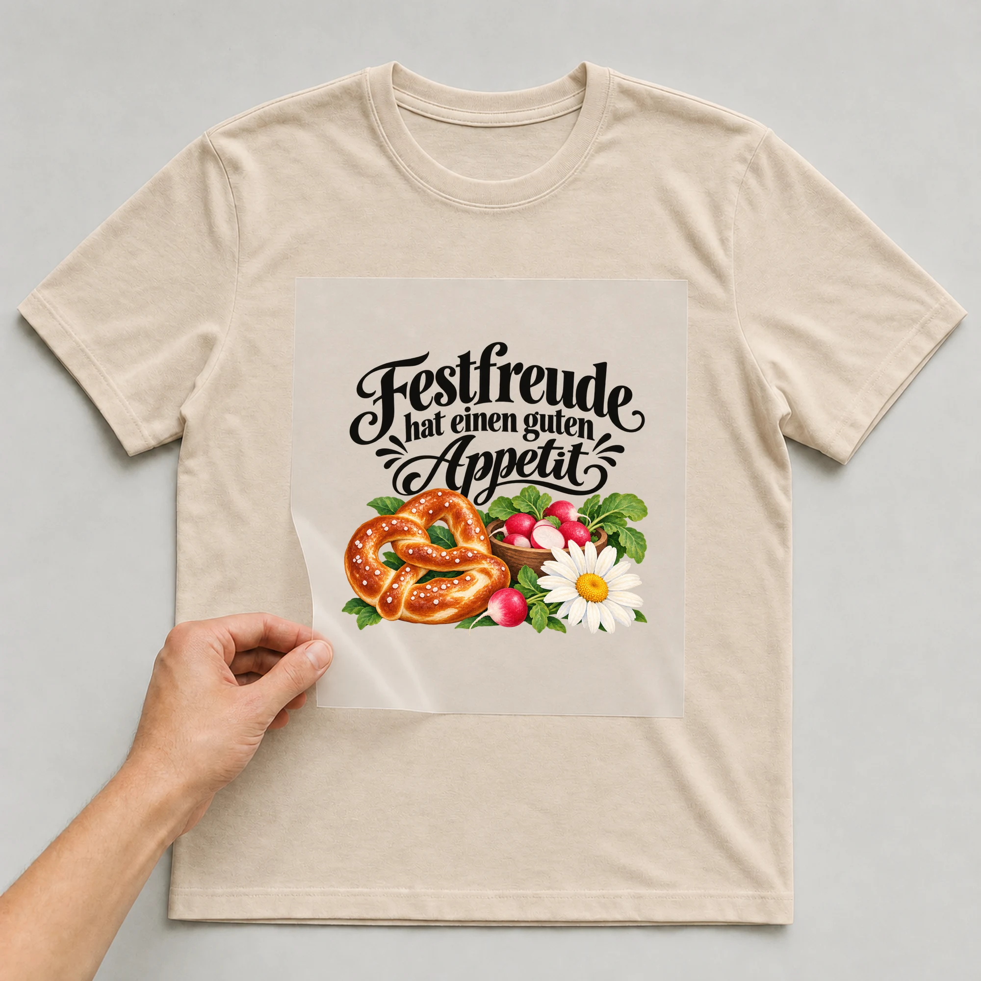Bügelbild „Festfreude hat einen guten Appetit“ auf beigem T-Shirt, Folie wird aufgelegt