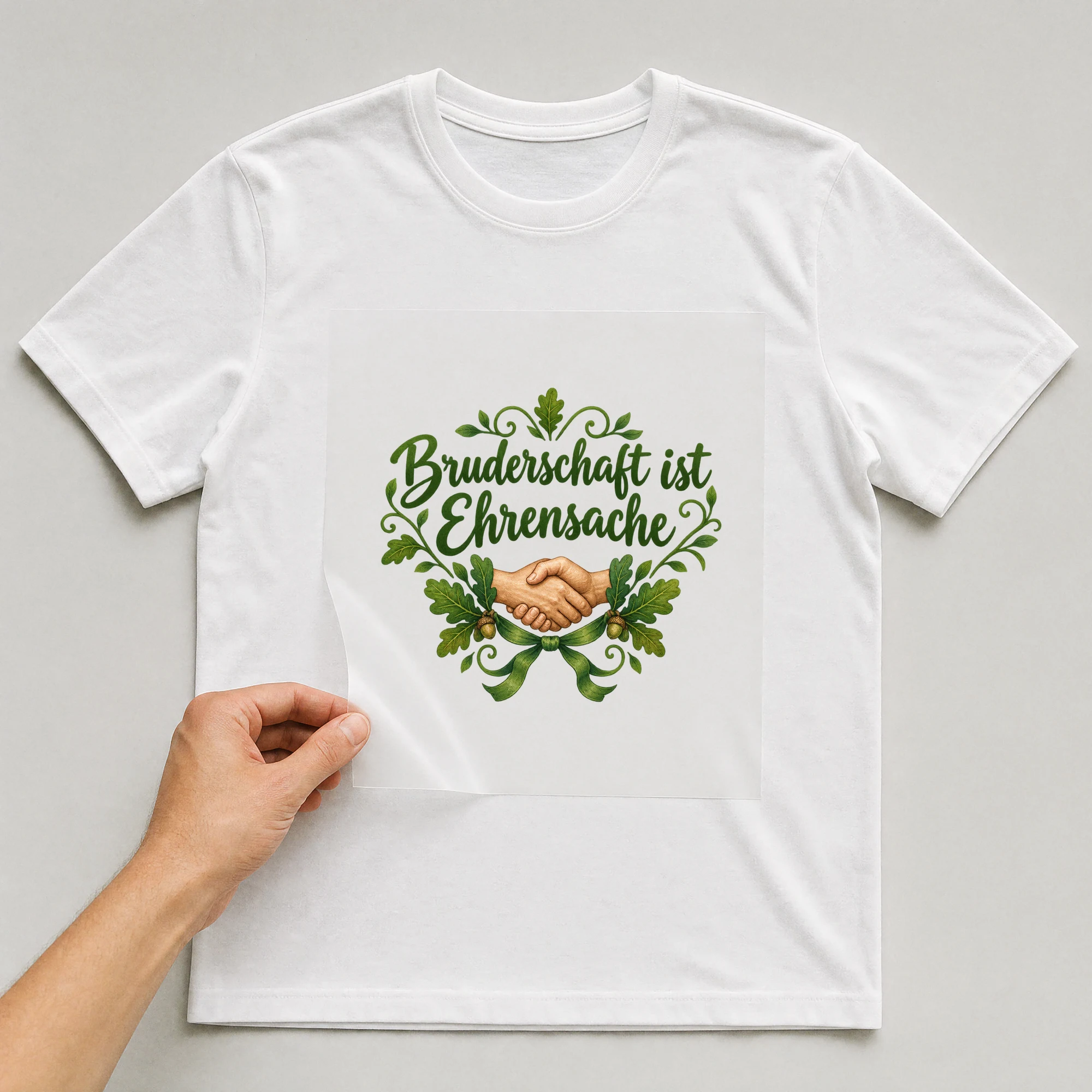 Bügelbild „Bruderschaft ist Ehrensache“ auf weißem T-Shirt, Folie wird aufgelegt