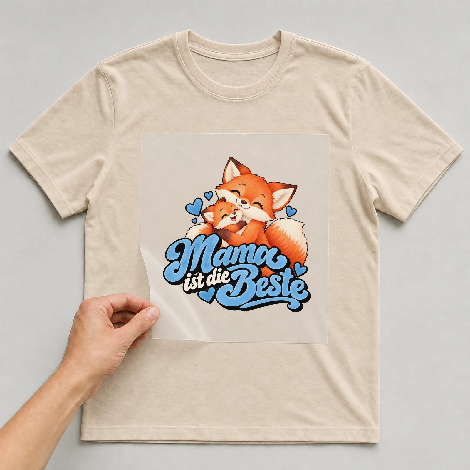 Bügelbild „Mama ist die Beste“ auf beigem T-Shirt, Folie wird aufgelegt