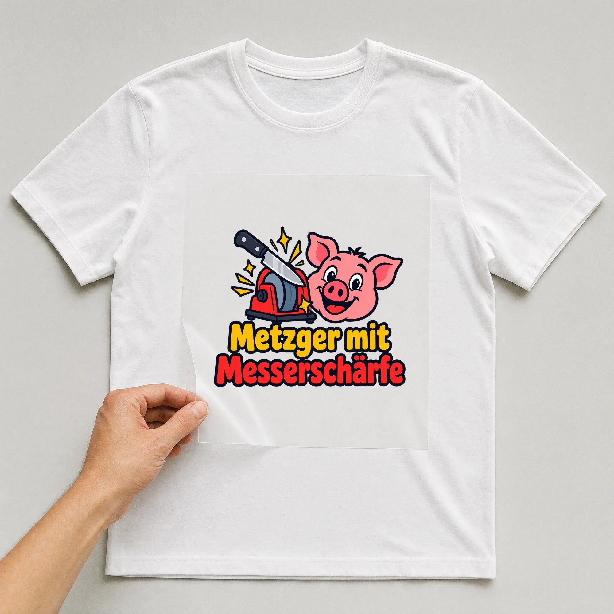 Bügelbild „Metzger mit Messerschärfe“ auf weißem T-Shirt, Folie wird aufgelegt