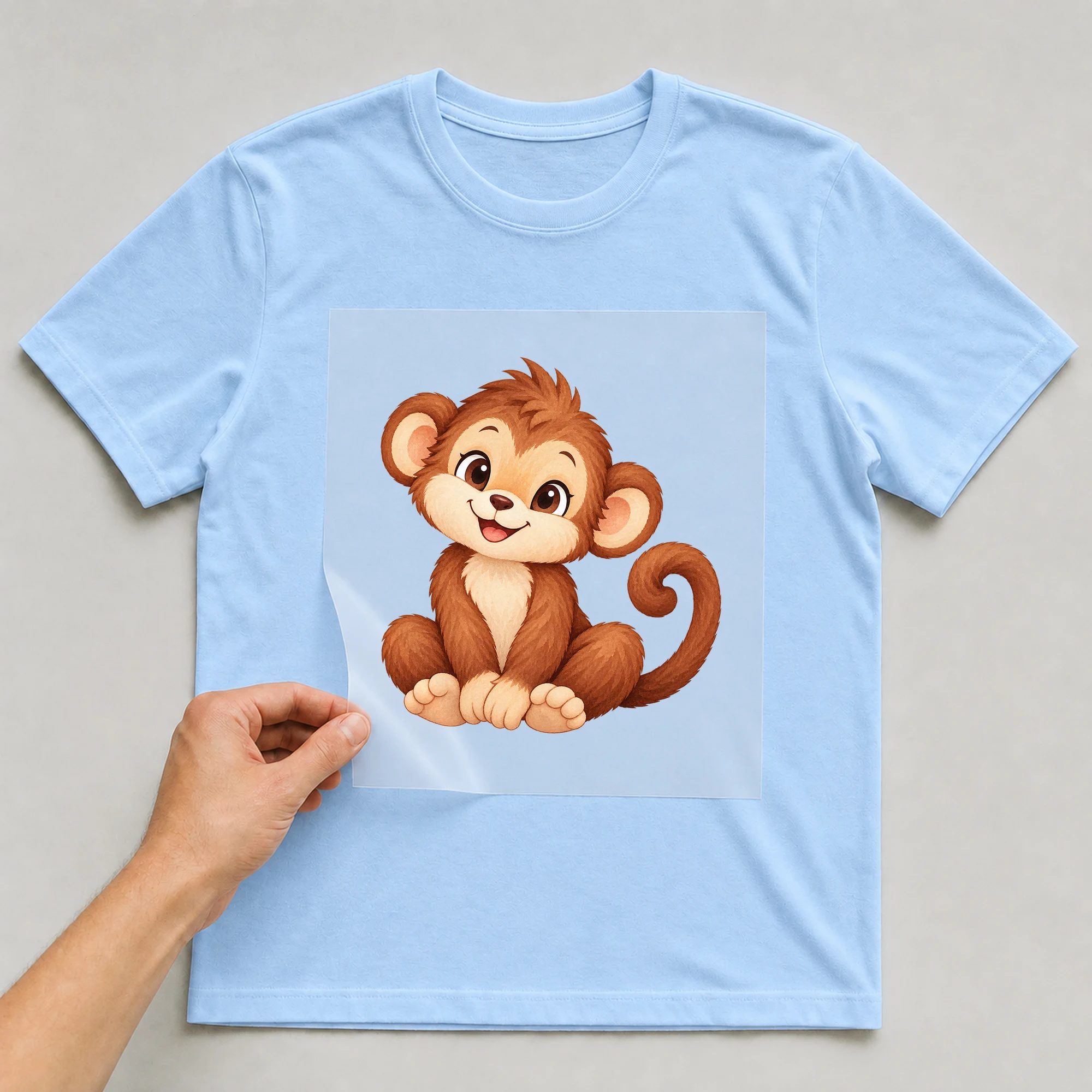 Bügelbild „Chinesisches Zeichen Jahr Des Affen“ auf babyblauem T-Shirt, Folie wird aufgelegt