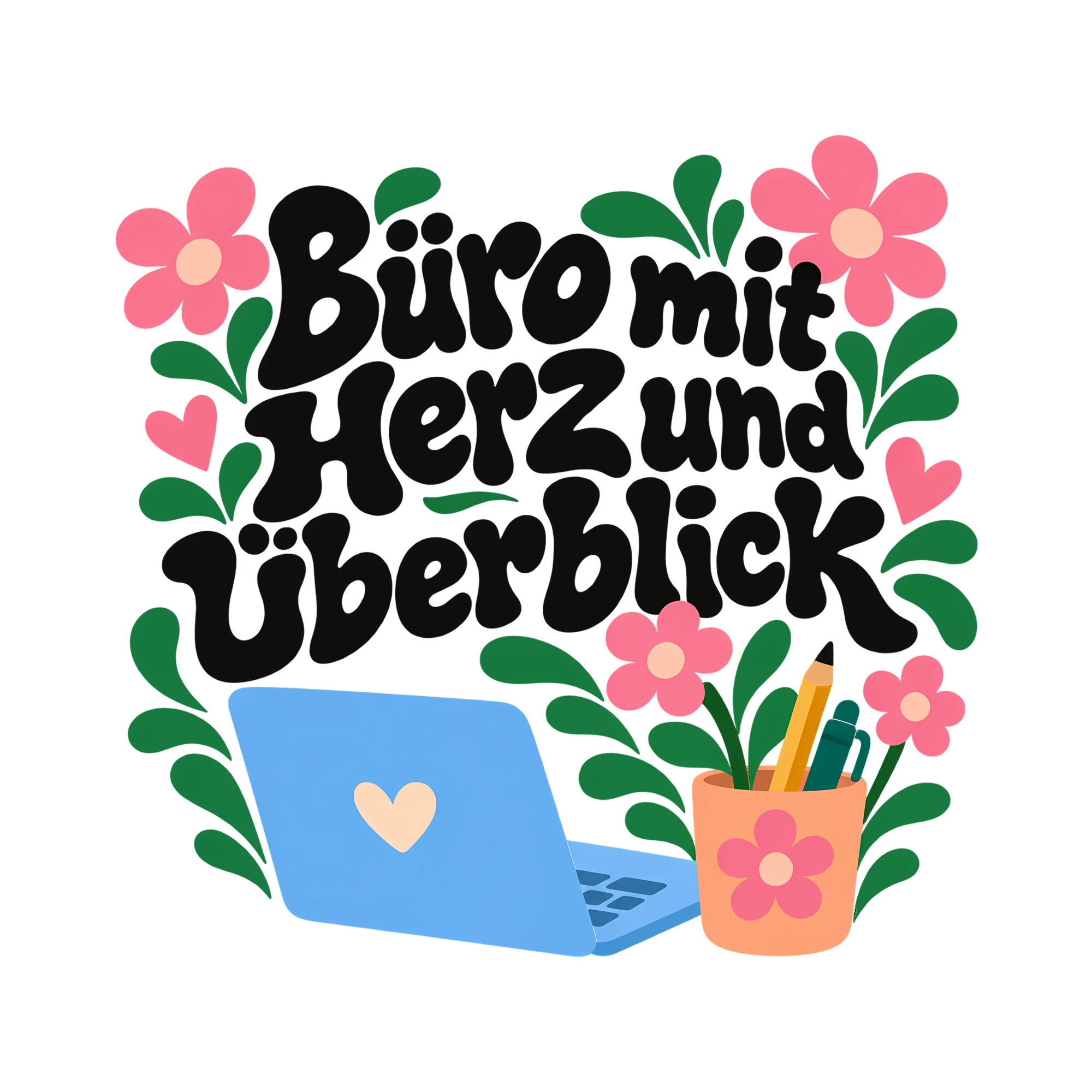 Bügelbild Büro mit Herz und Überblick als Grafik auf weißem Hintergrund (BB011651)