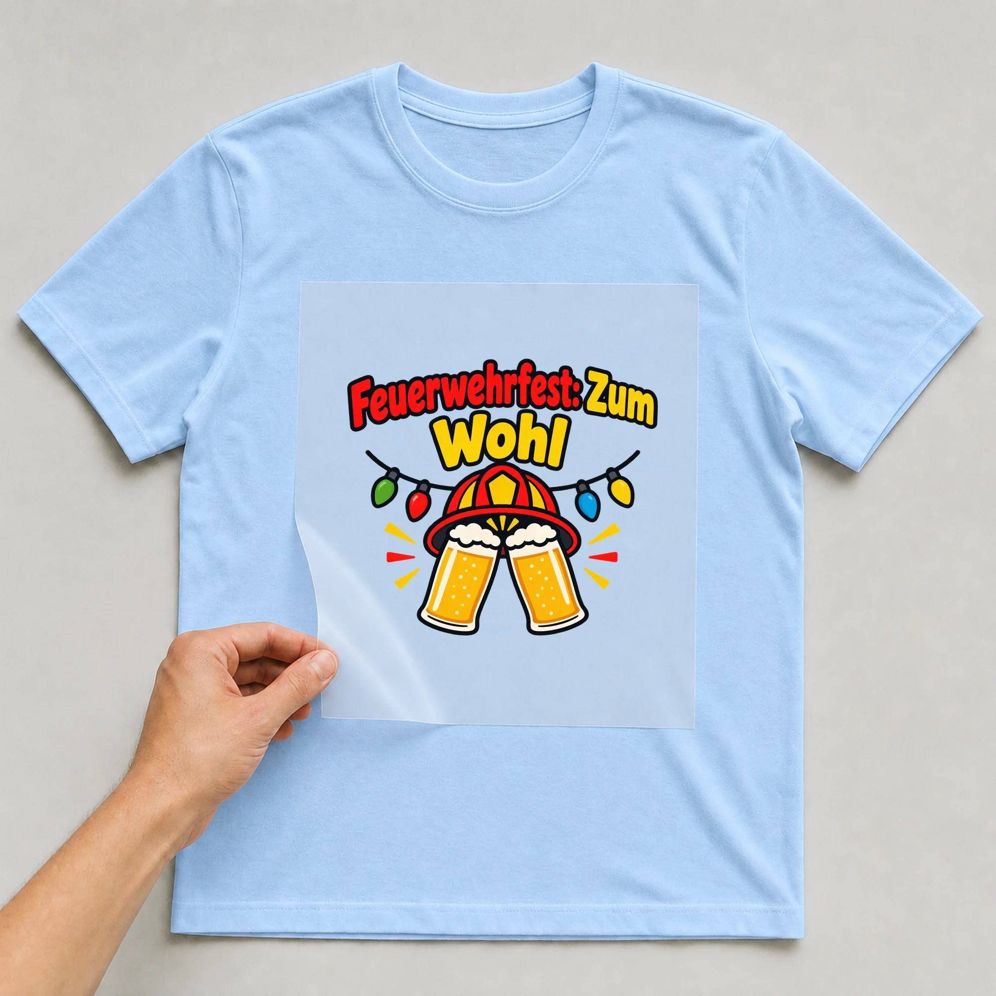 Bügelbild „Feuerwehrfest: Zum Wohl“ auf babyblauem T-Shirt, Folie wird aufgelegt