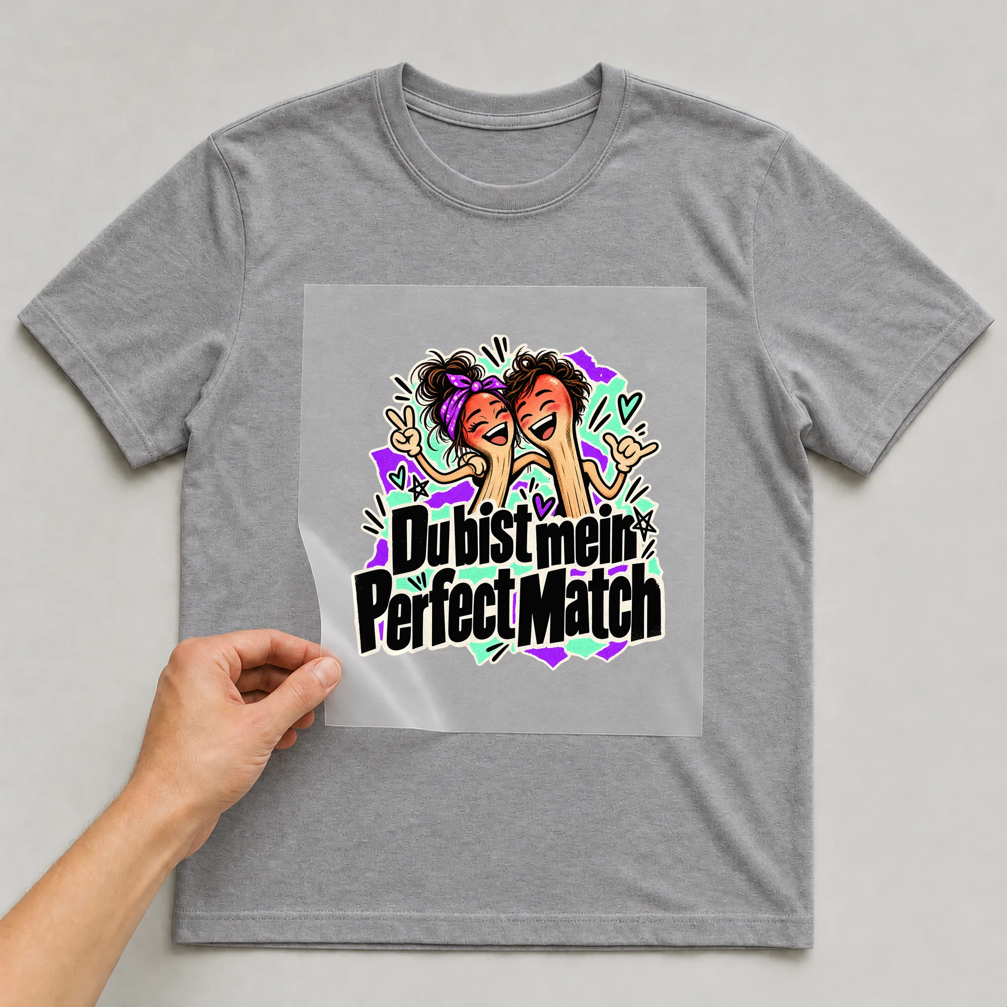 Bügelbild „Du bist mein Perfect Match“ auf grauem T-Shirt, Folie wird aufgelegt