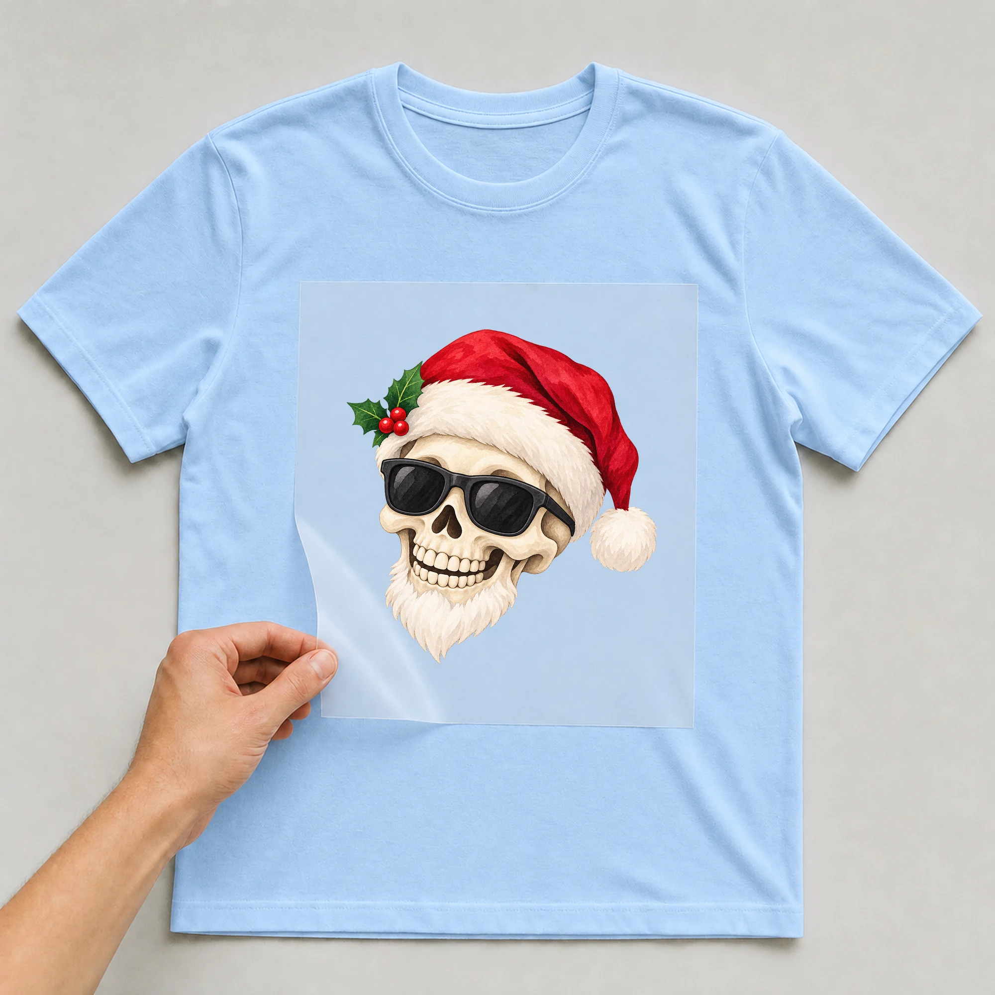 Bügelbild „Totenkopf mit Sonnenbrille“ auf babyblauem T-Shirt, Folie wird aufgelegt