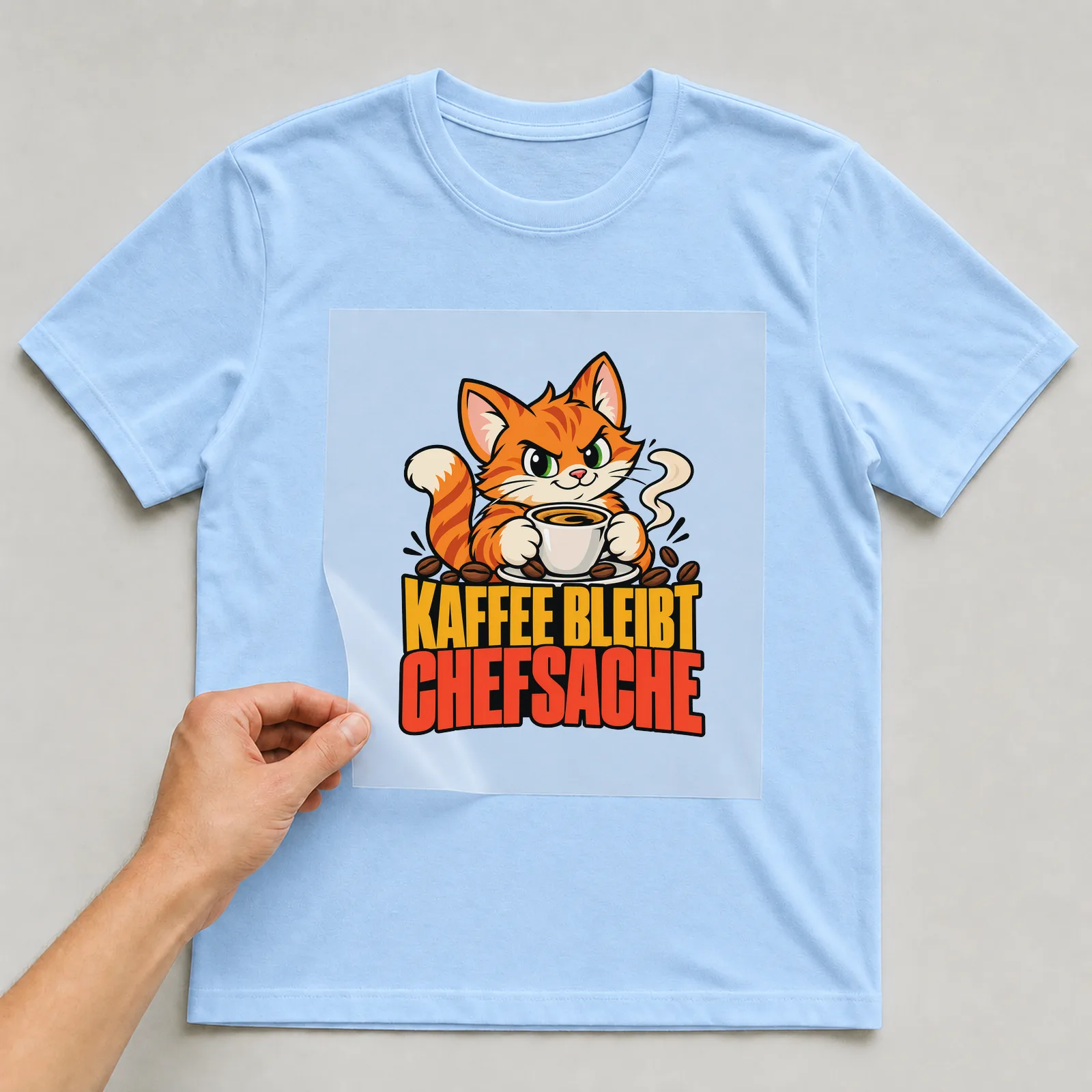 Bügelbild „Kaffee bleibt Chefsache“ auf hellblauem T-Shirt, Folie wird aufgelegt