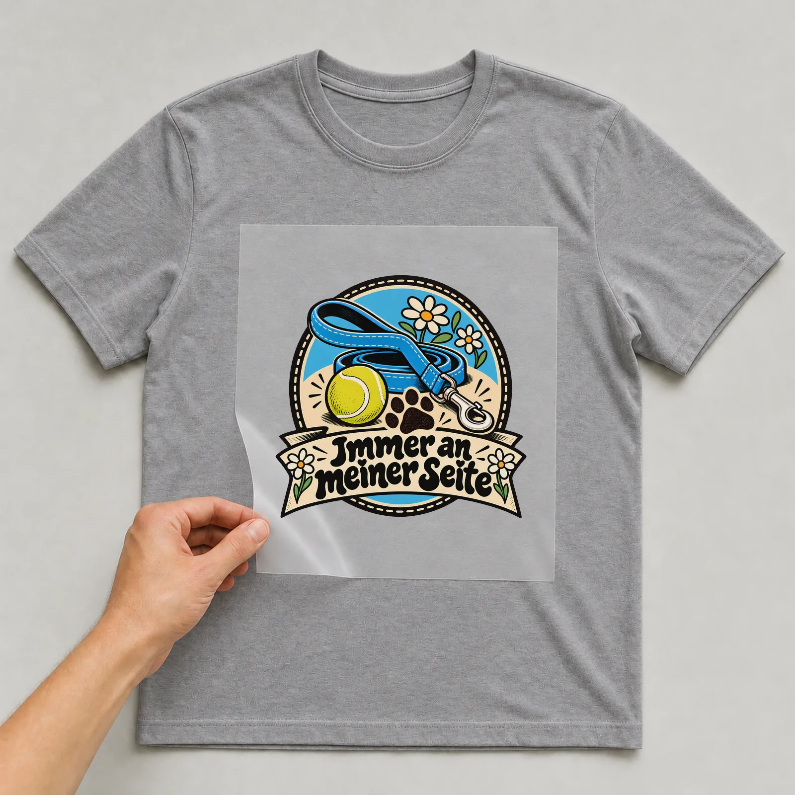 Bügelbild „Immer an meiner Seite“ auf grauem T-Shirt, Folie wird aufgelegt